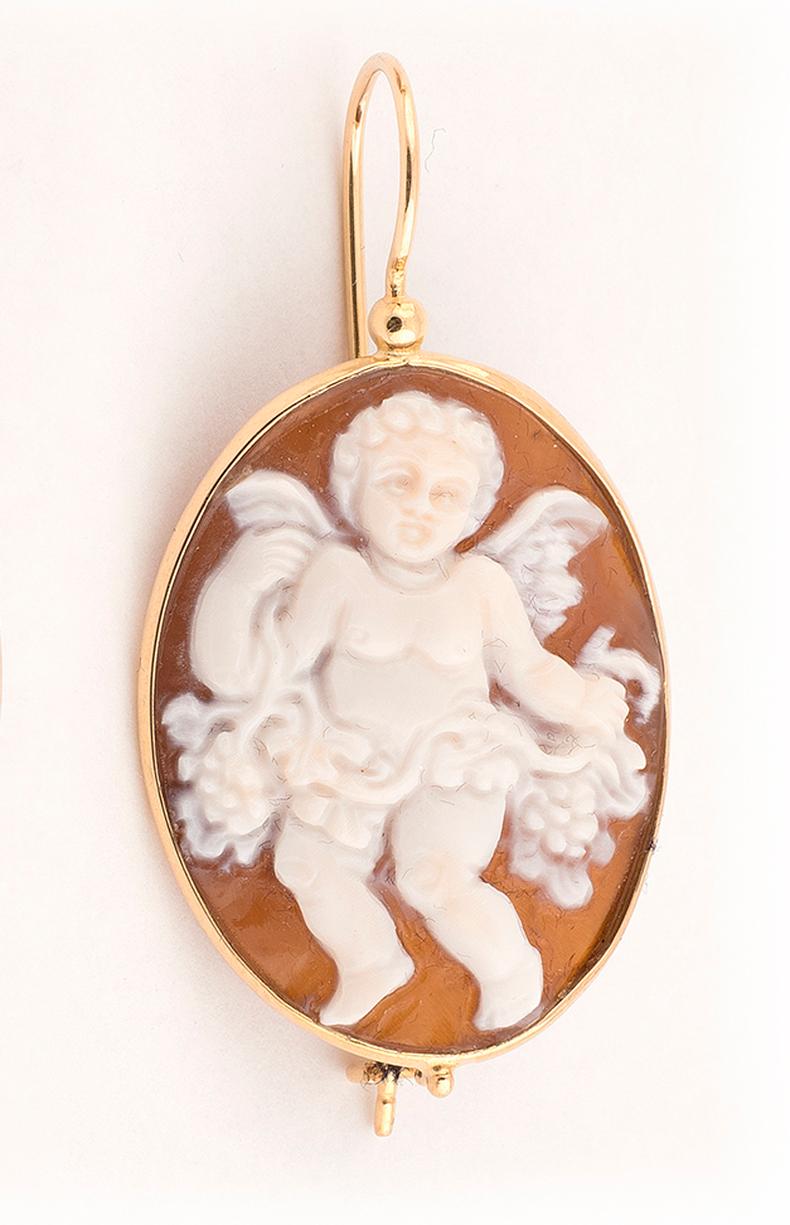 Contemporary Gold Cameo on the Shell Putto and Flowers Earrings
