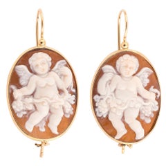 Gold Cameo on the Shell Putto and Flowers Earrings