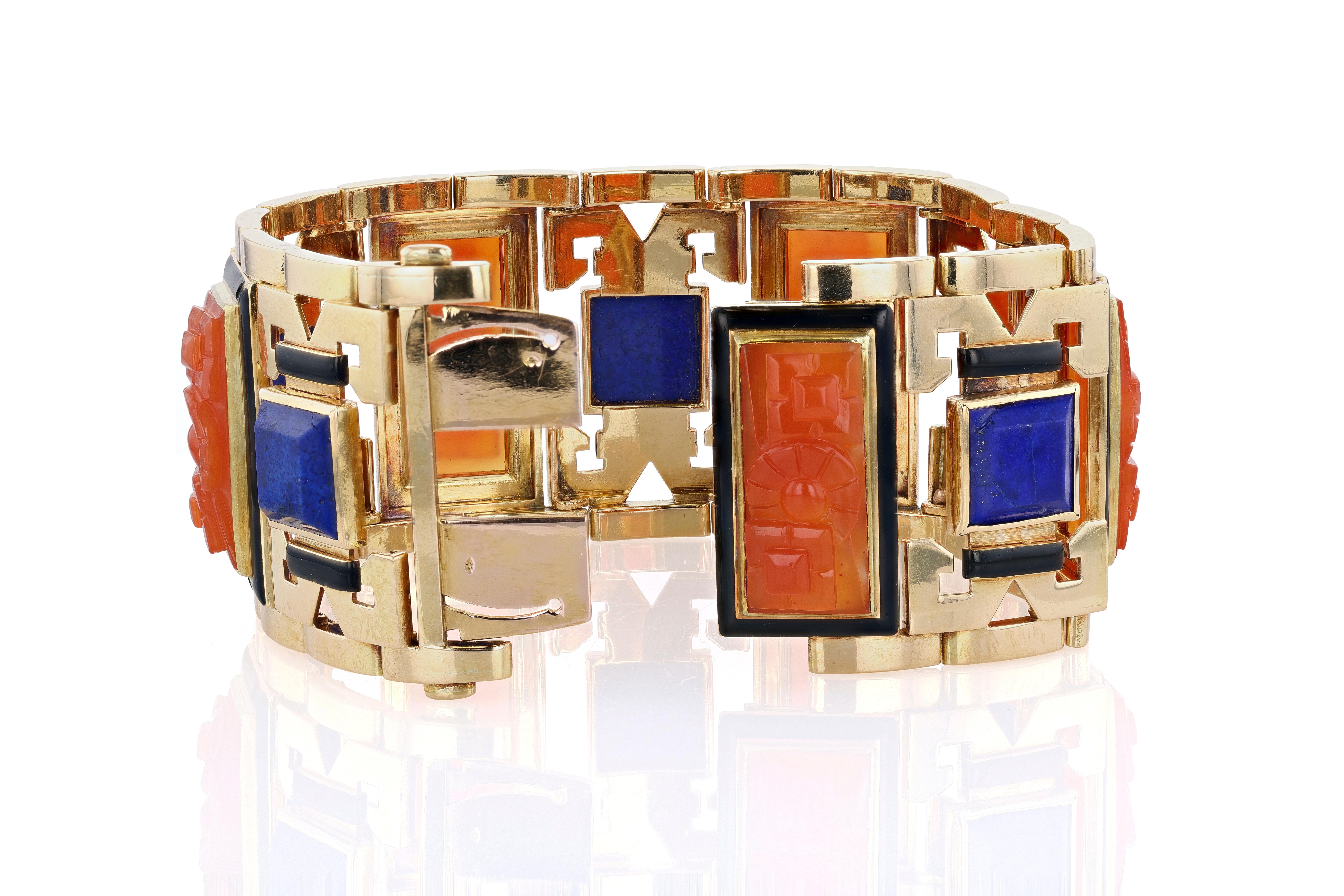 Mixed Cut Gold, Carnelian, Lapis Lazuli, and Black Enamel Egyptian Revival Bracelet For Sale