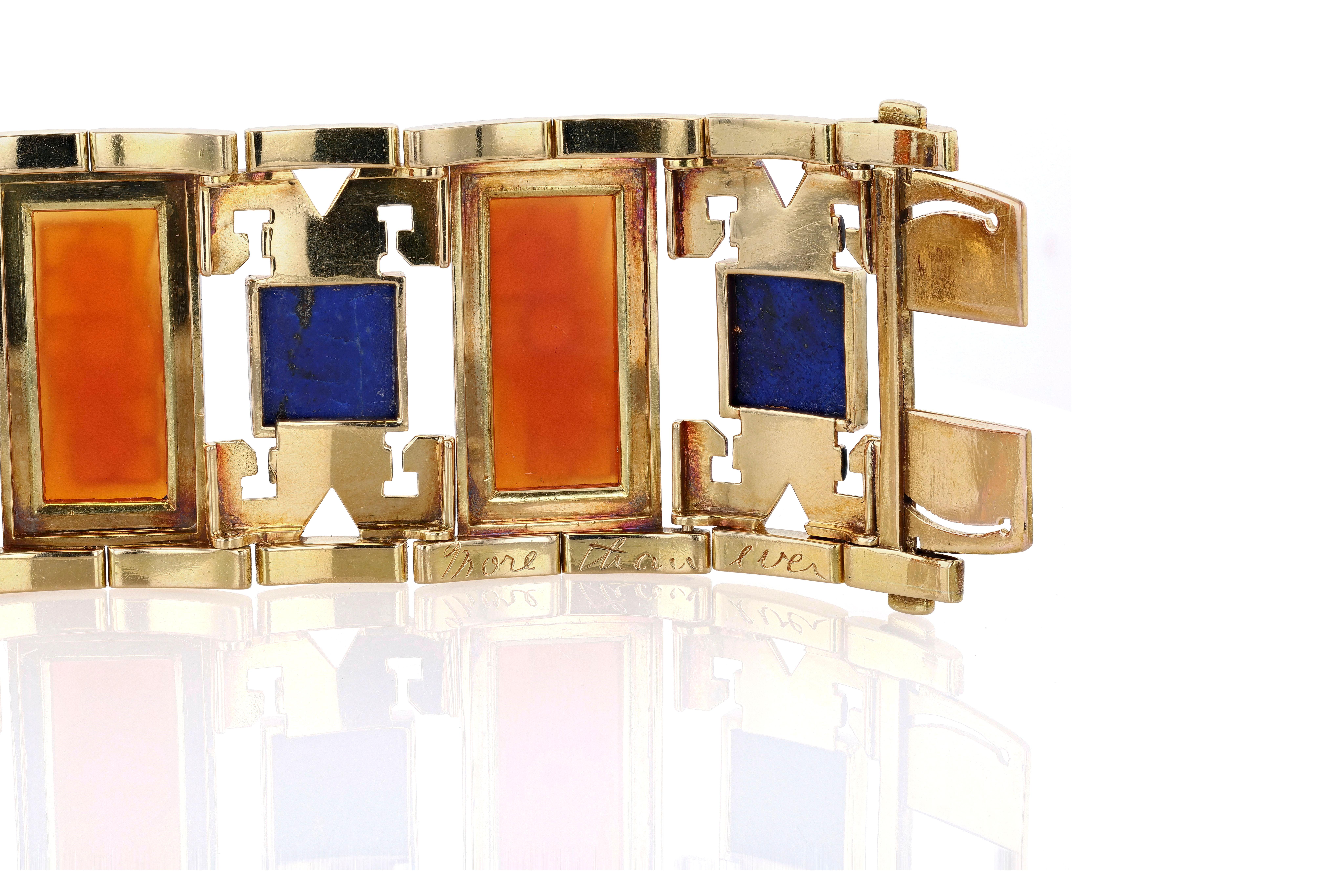 Gold, Carnelian, Lapis Lazuli, and Black Enamel Egyptian Revival Bracelet In Good Condition For Sale In Princeton, NJ