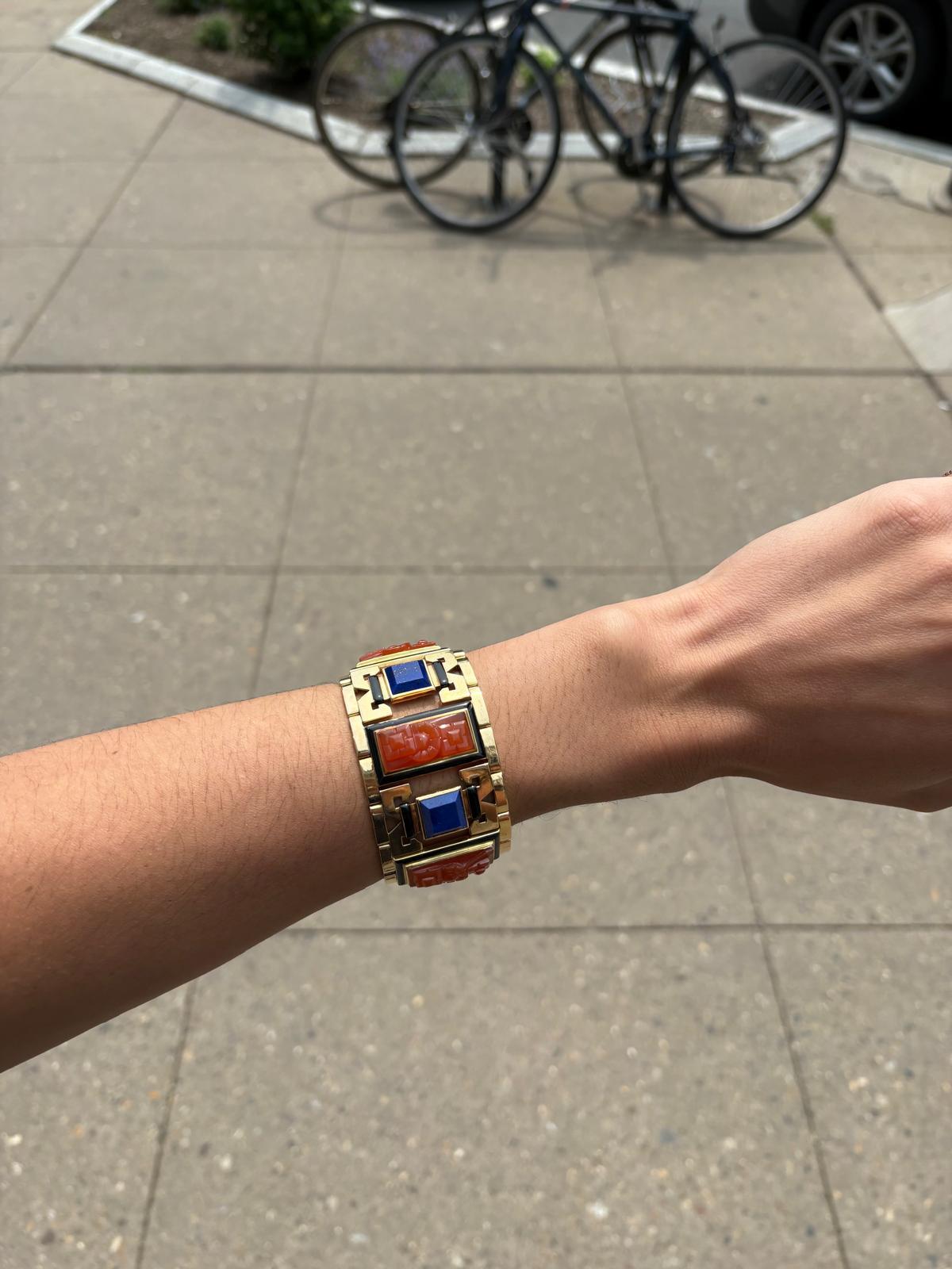 Women's or Men's Gold, Carnelian, Lapis Lazuli, and Black Enamel Egyptian Revival Bracelet For Sale