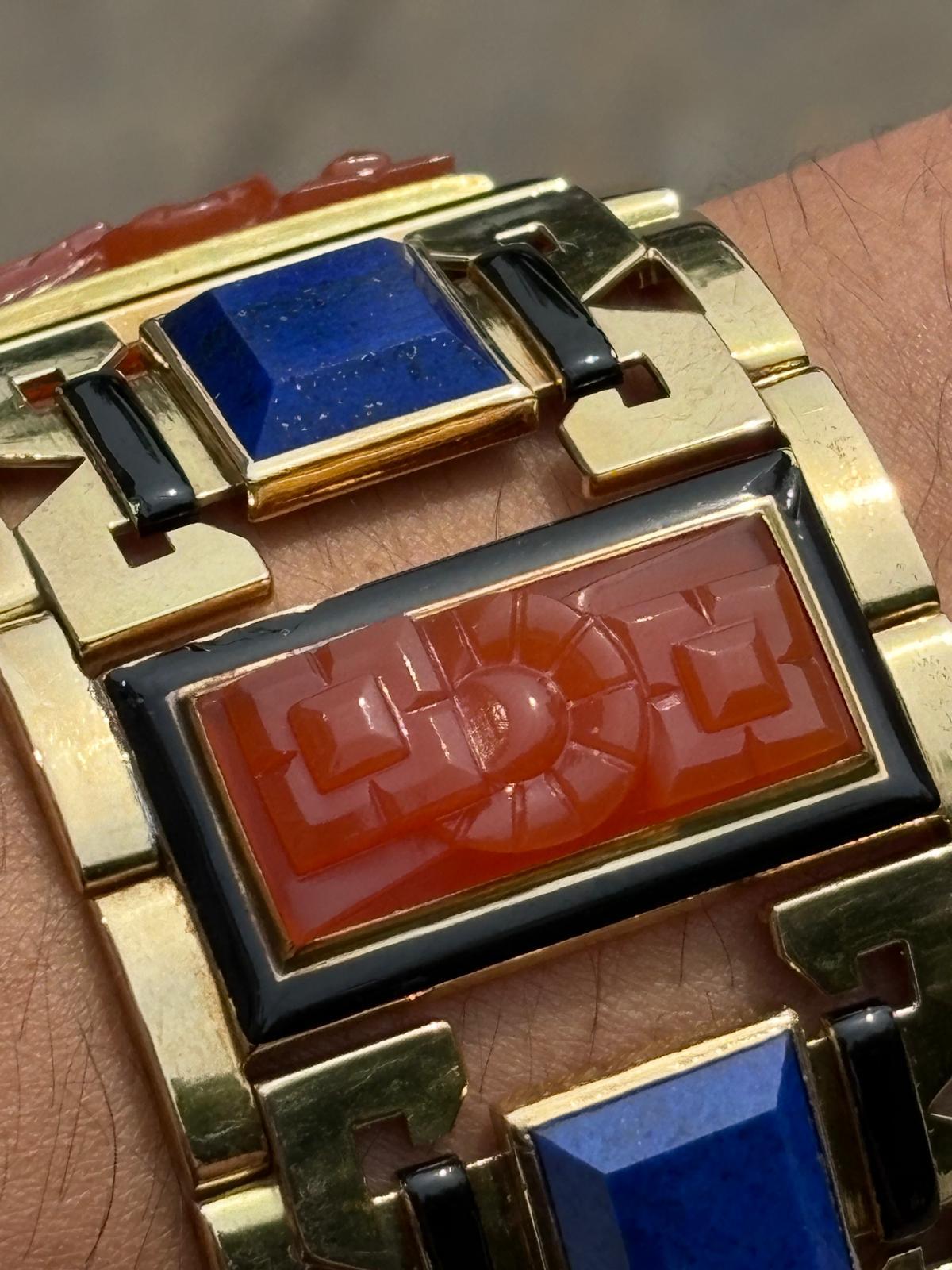 Gold, Carnelian, Lapis Lazuli, and Black Enamel Egyptian Revival Bracelet For Sale 1