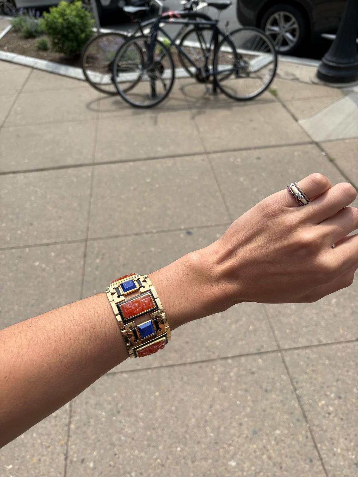 Gold, Carnelian, Lapis Lazuli, and Black Enamel Egyptian Revival Bracelet For Sale 2