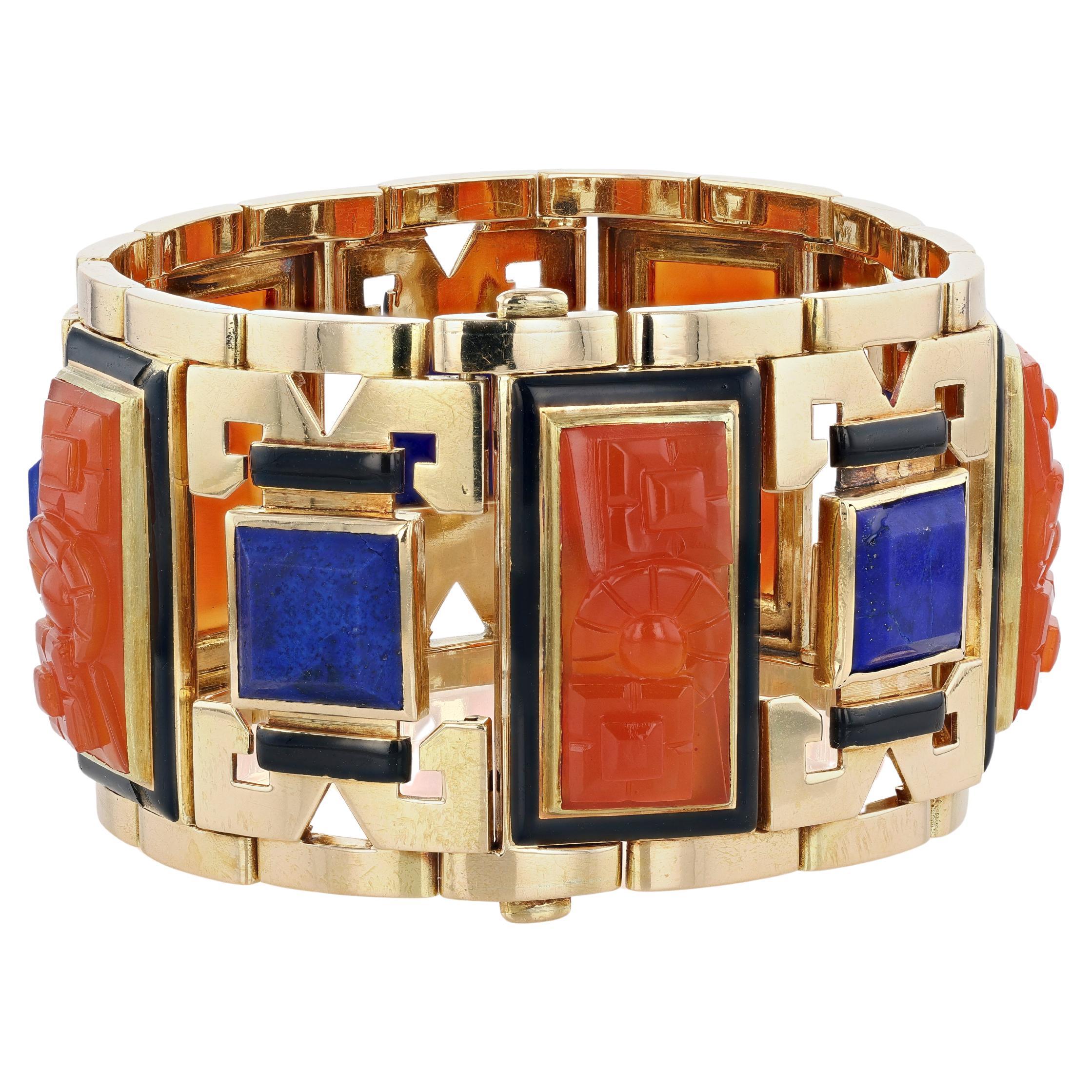 Gold, Carnelian, Lapis Lazuli, and Black Enamel Egyptian Revival Bracelet For Sale