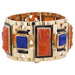 Gold, Carnelian, Lapis Lazuli, and Black Enamel Egyptian Revival Bracelet