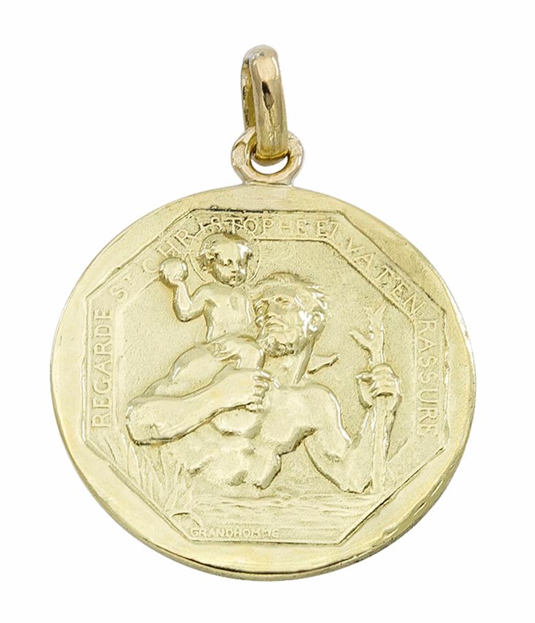 Octagonal St. Christopher medal.  Made and signed by CARTIER.  Well-detailed with crisp relief.  18K yellow gold.  2/3