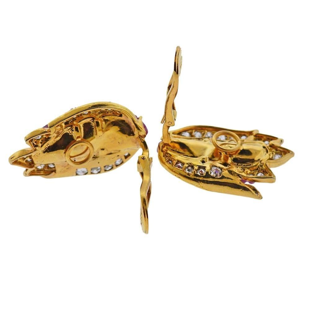 Women's Gold Carved Ruby Diamond Earrings For Sale