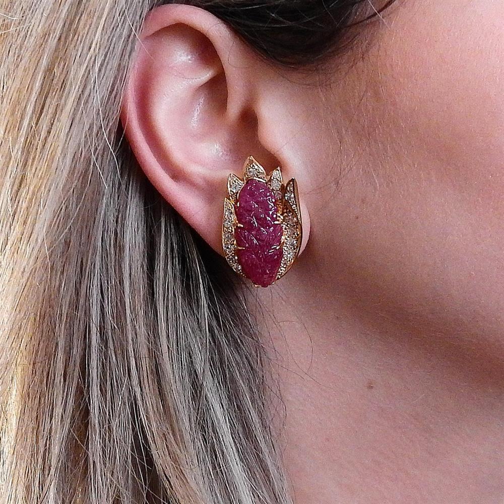 Gold Carved Ruby Diamond Earrings For Sale 1