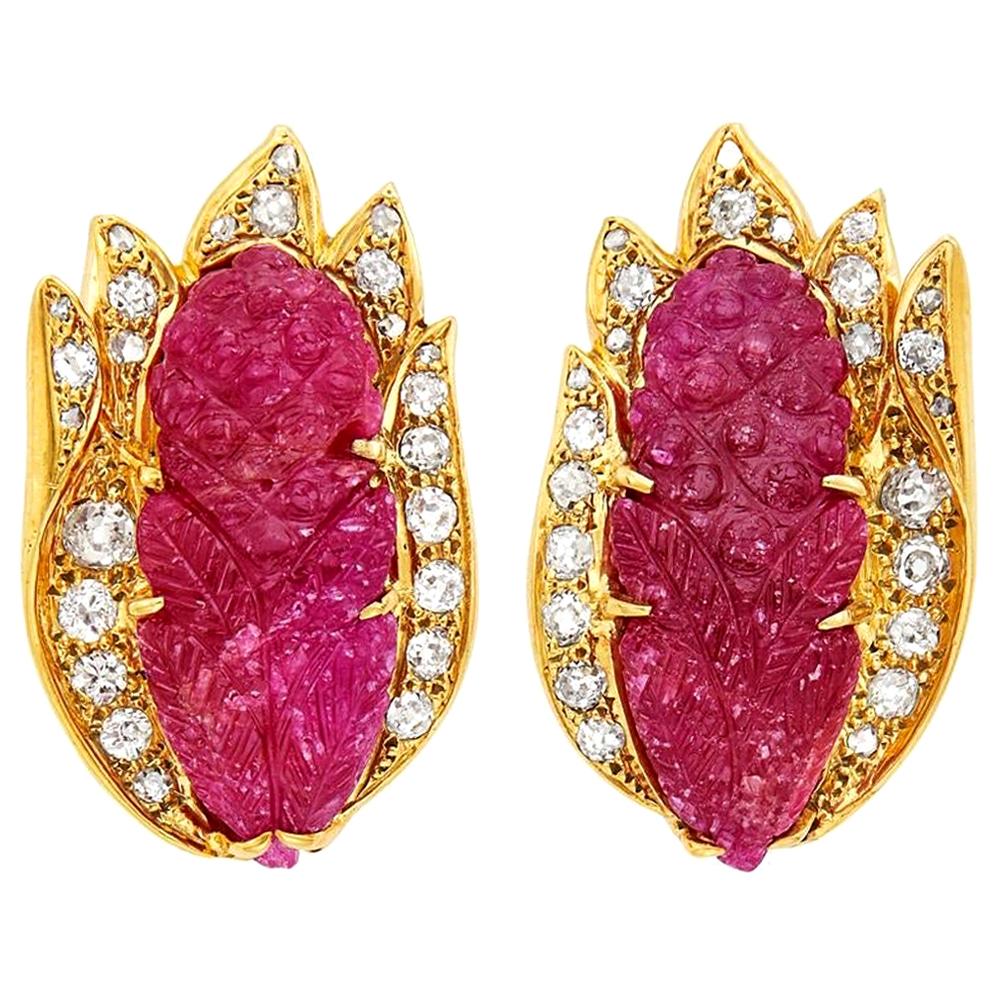 Gold Carved Ruby Diamond Earrings For Sale