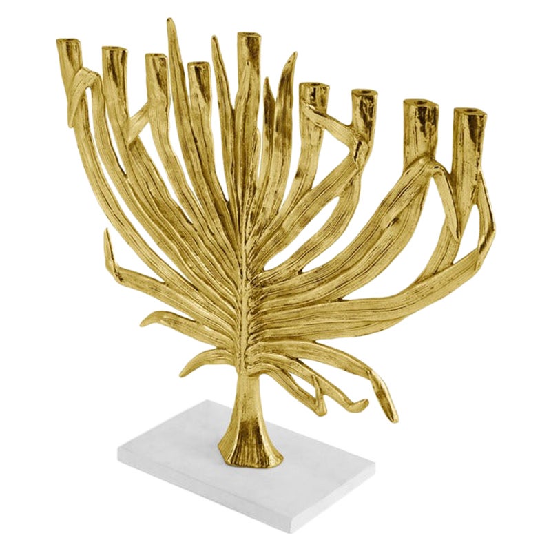 Gold Cast Metal Contemporary Palm Menorah For Sale