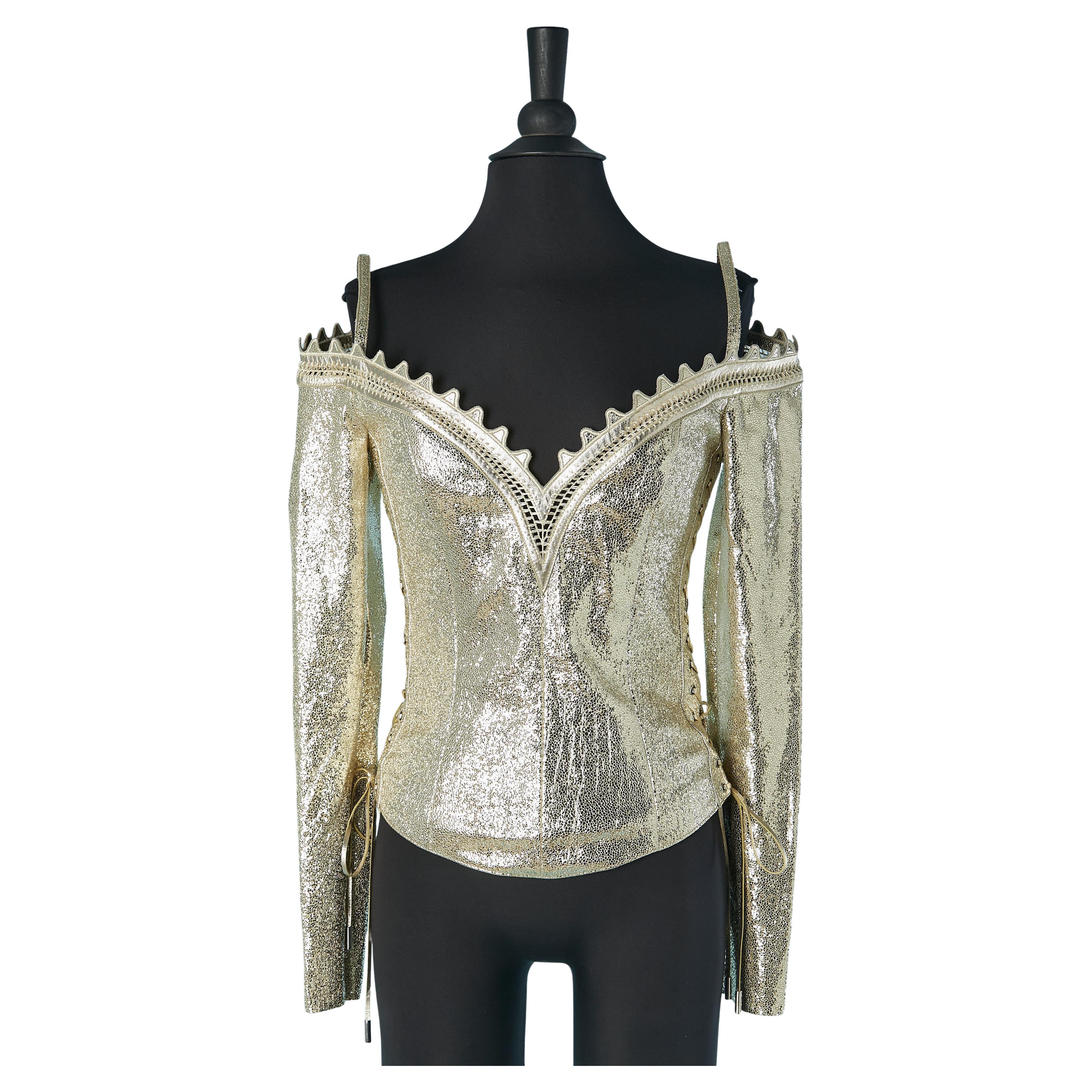 Goldfarbenes Bustier aus Kaviarleder mit Spitzen an der Seite JITROIS