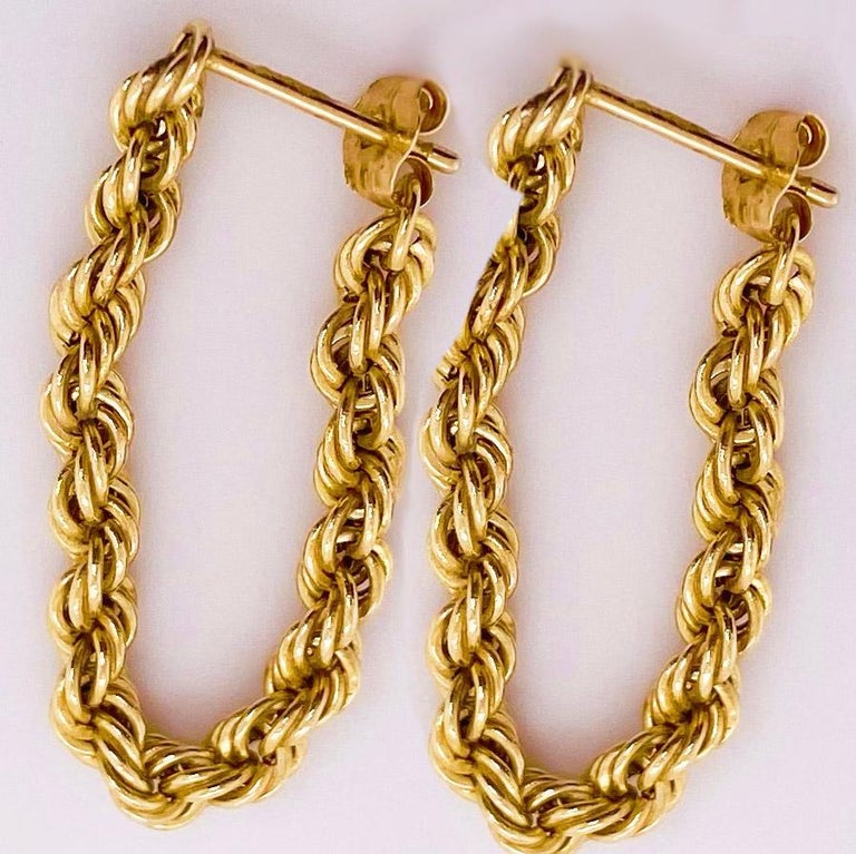 Gold Chain Earrings, 14 Karat Yellow Gold Dangle Loop Hoop Earrings