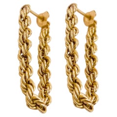 Gold Chain Earrings, 14 Karat Yellow Gold Dangle Loop Hoop Earrings, Rope Chain