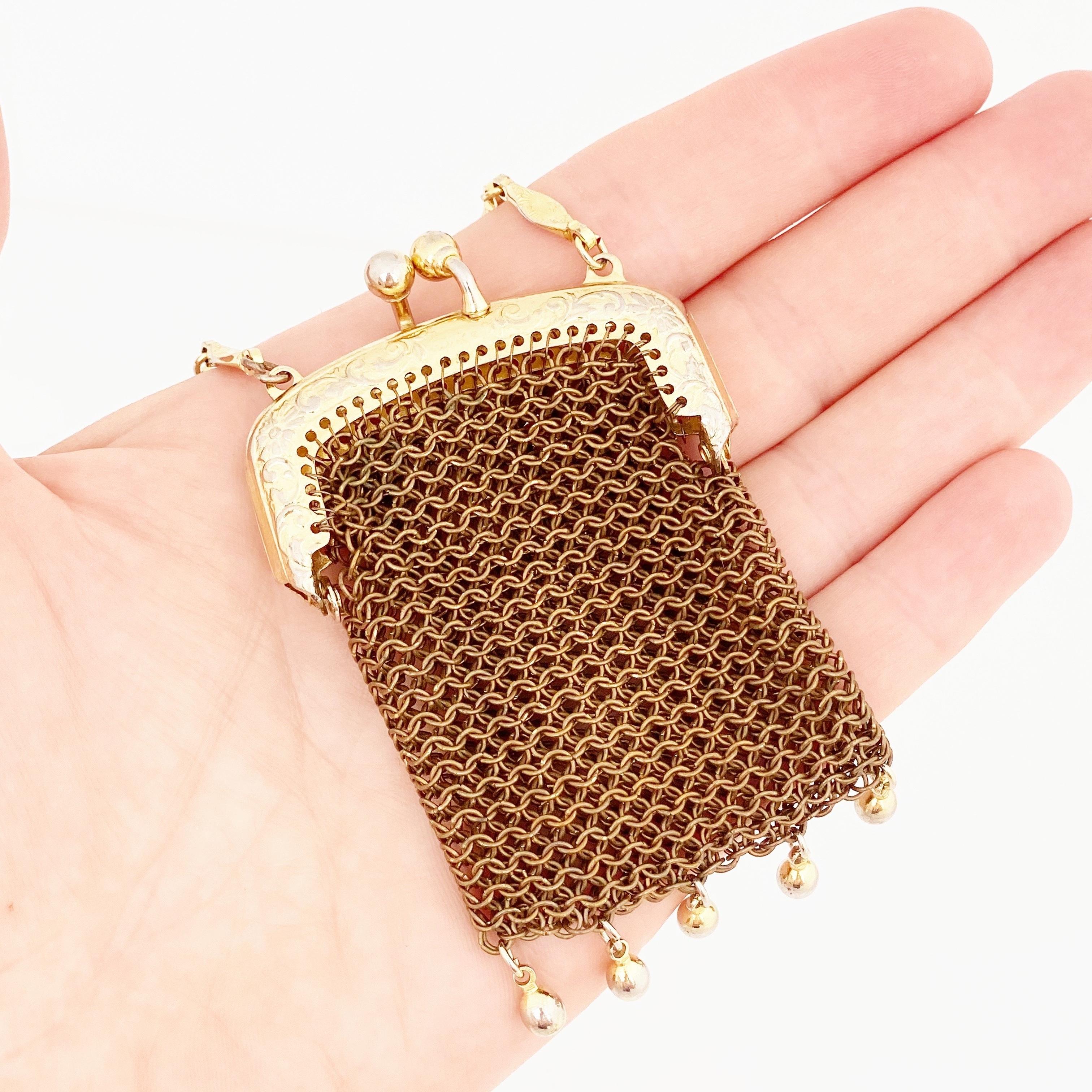 Modern Gold Chain Mesh Pouch Necklace by Whiting & Davis, 1960s For Sale