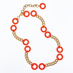 Gold Chain & Orange Enamel Rings Belt By Napier, 1970s