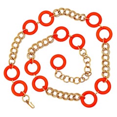 Gold Chain & Orange Enamel Rings Belt By Napier, 1970s