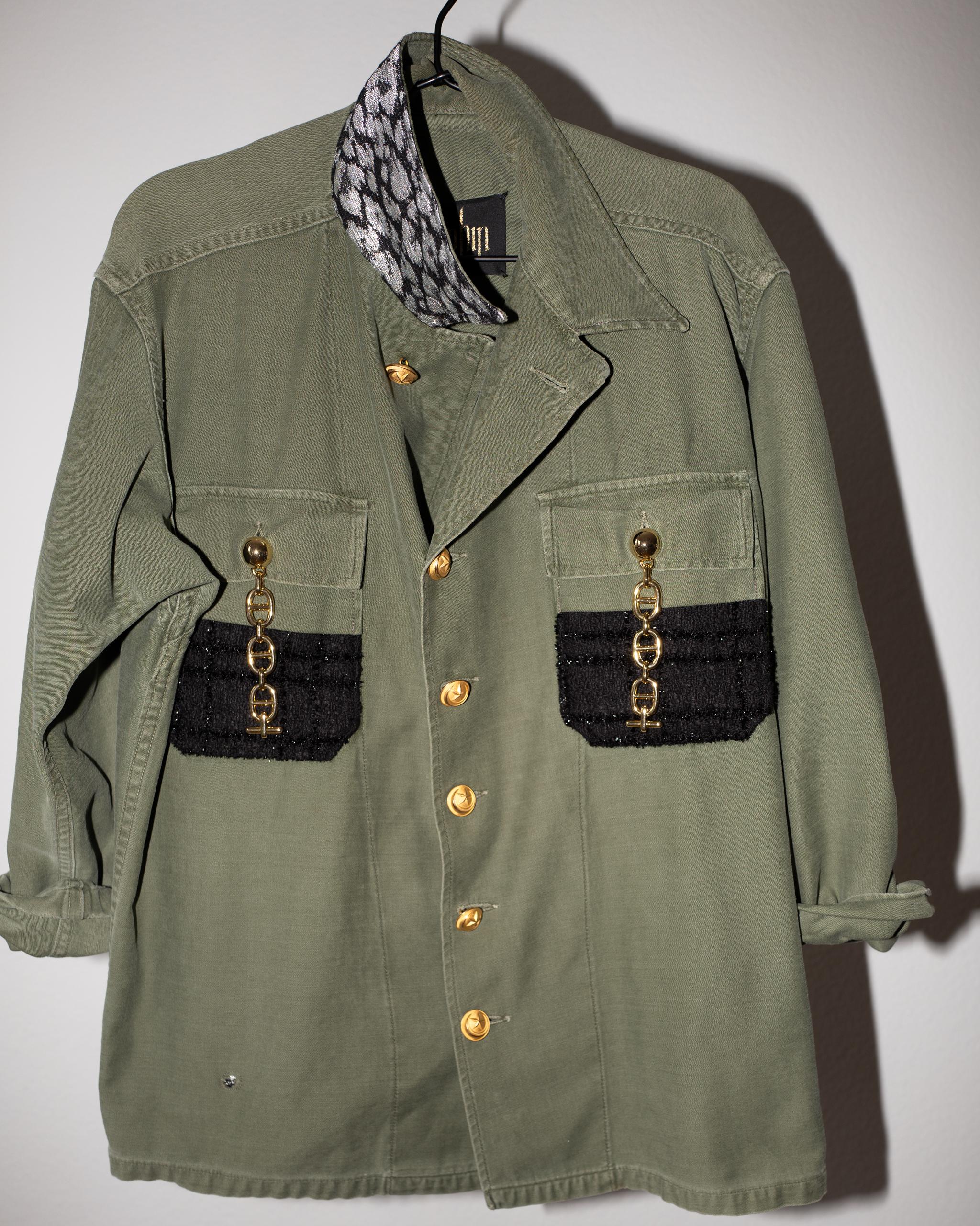 Gold Chain Pockets Green Us Vintage Military Jacket Black Tweed J Dauphin In New Condition In Los Angeles, CA