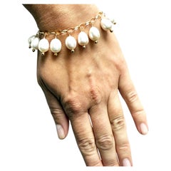 Gold Chain with Dangling White Pearls and Pave Diamond Clasp Paradizia Bracelet