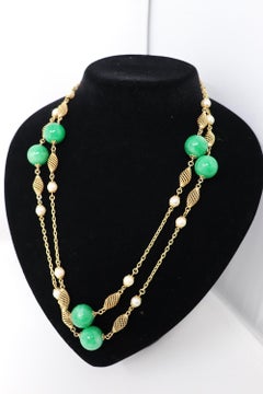Gold Chain with Natural Pearls and Jades Long Necklaces