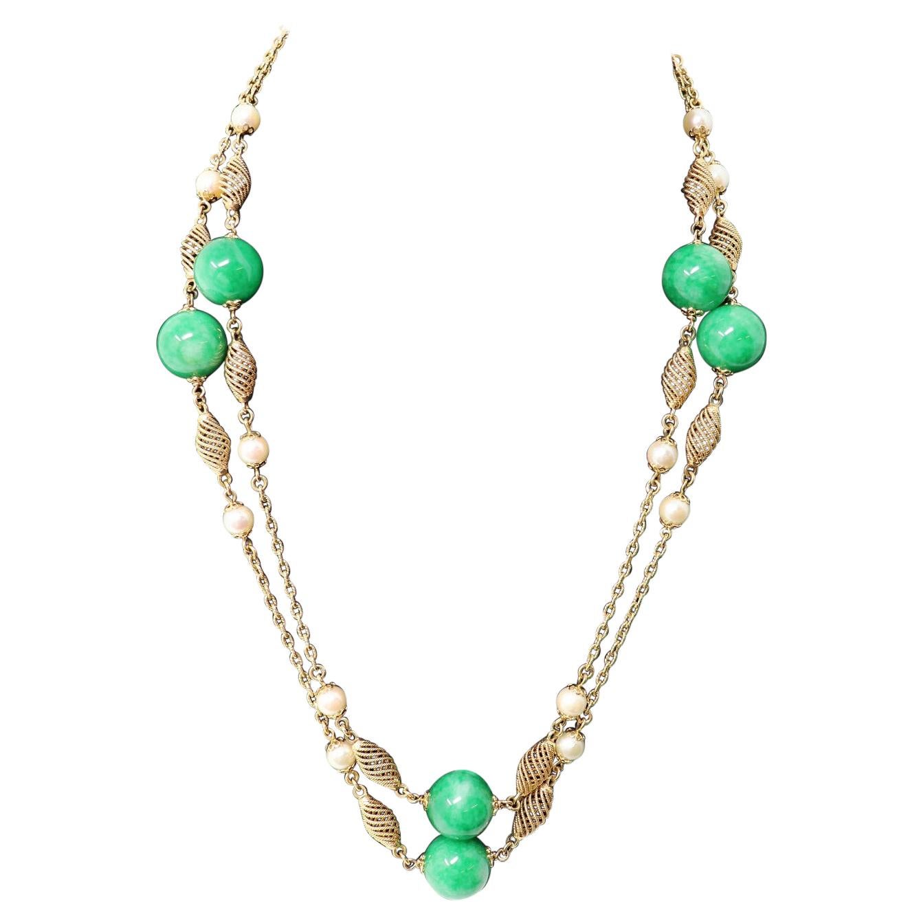 Gold Chain with Natural Pearls and Jades Long Necklaces For Sale at 1stDibs