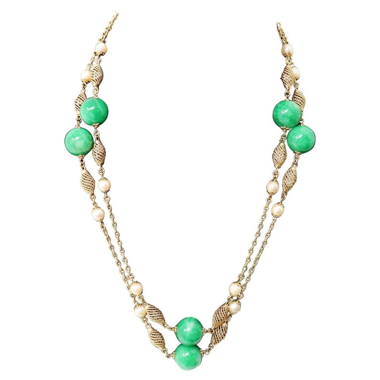 Gold Chain with Natural Pearls and Jades Long Necklaces For Sale at 1stDibs