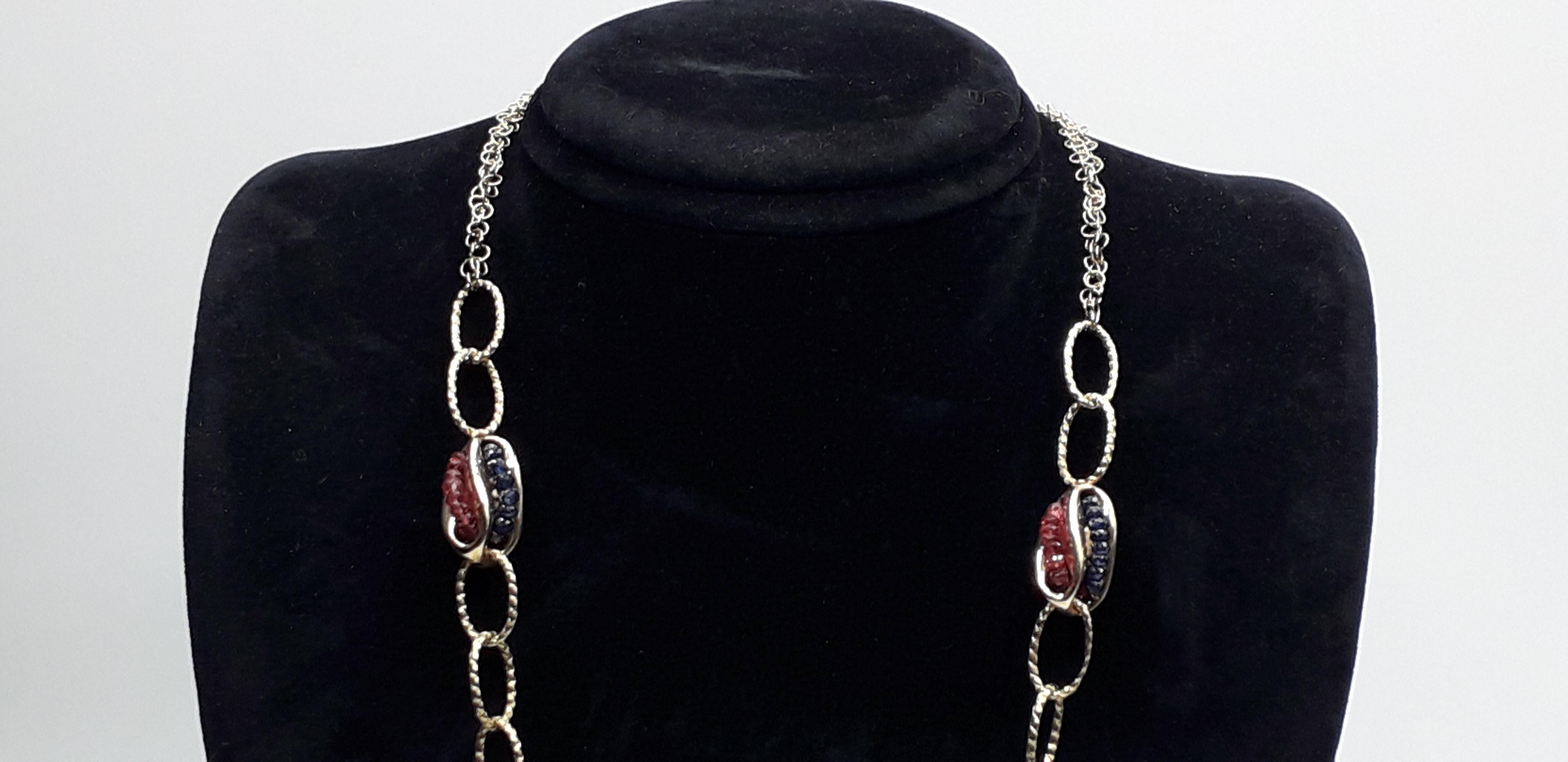 Gold Chain with Natural Pearls Blue Sapphire and Red Rubies Necklaces In Excellent Condition For Sale In Bosco Marengo, IT