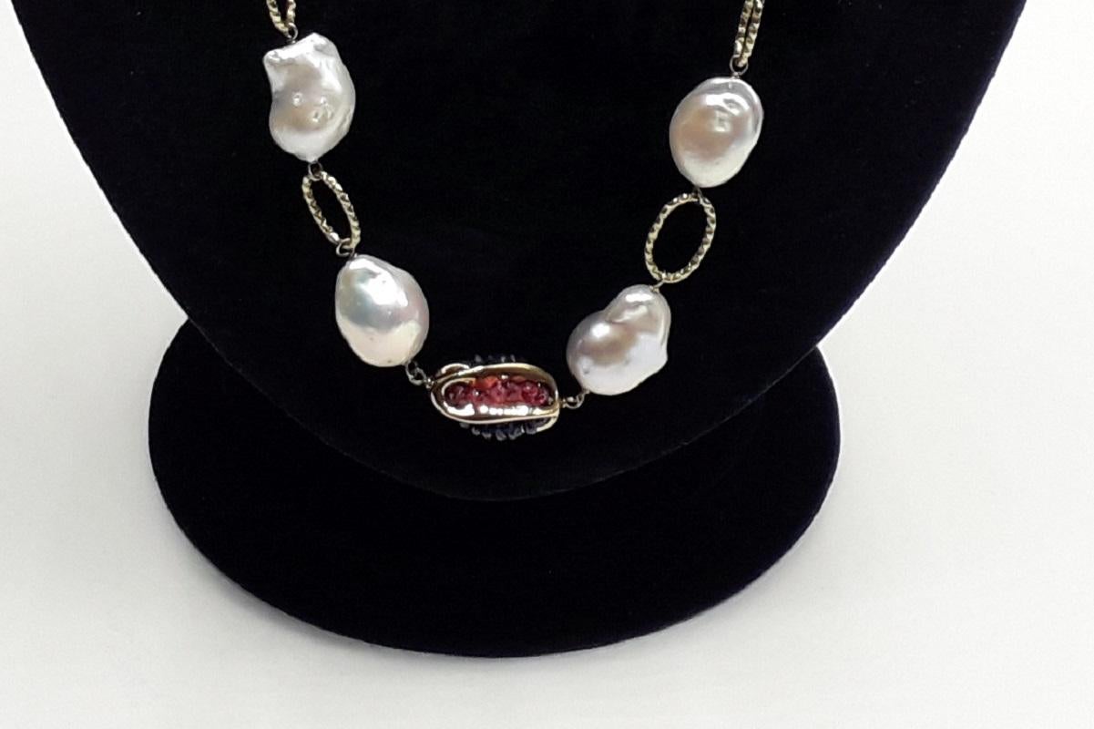 Women's Gold Chain with Natural Pearls Blue Sapphire and Red Rubies Necklaces For Sale