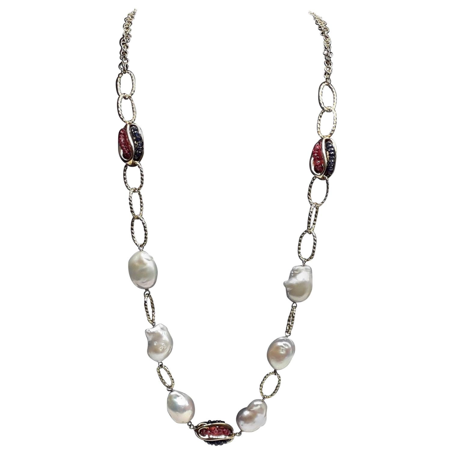Gold Chain with Natural Pearls Blue Sapphire and Red Rubies Necklaces For Sale