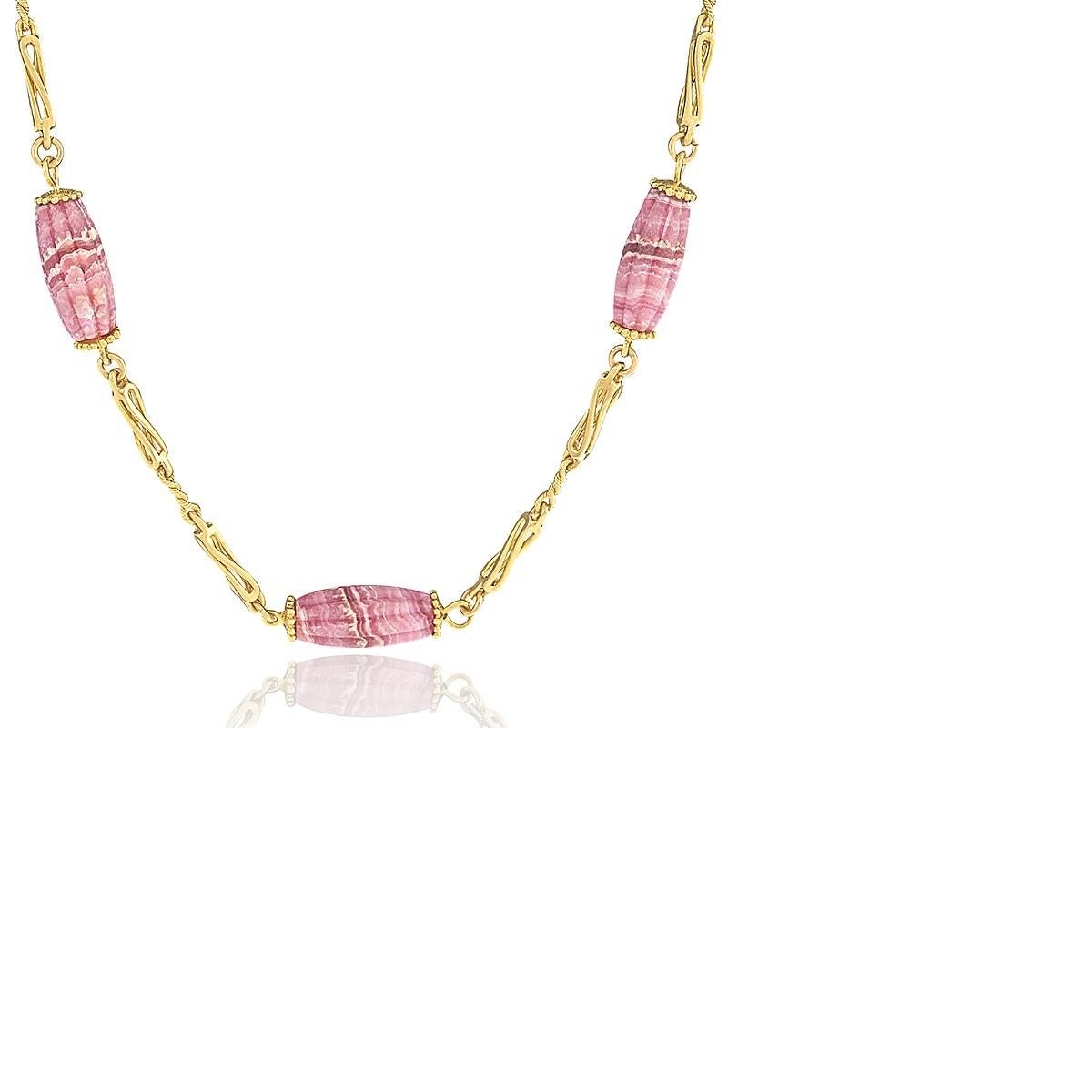 Gold Chain with Rhodochrosite Barrel Beads In Excellent Condition In New York, NY