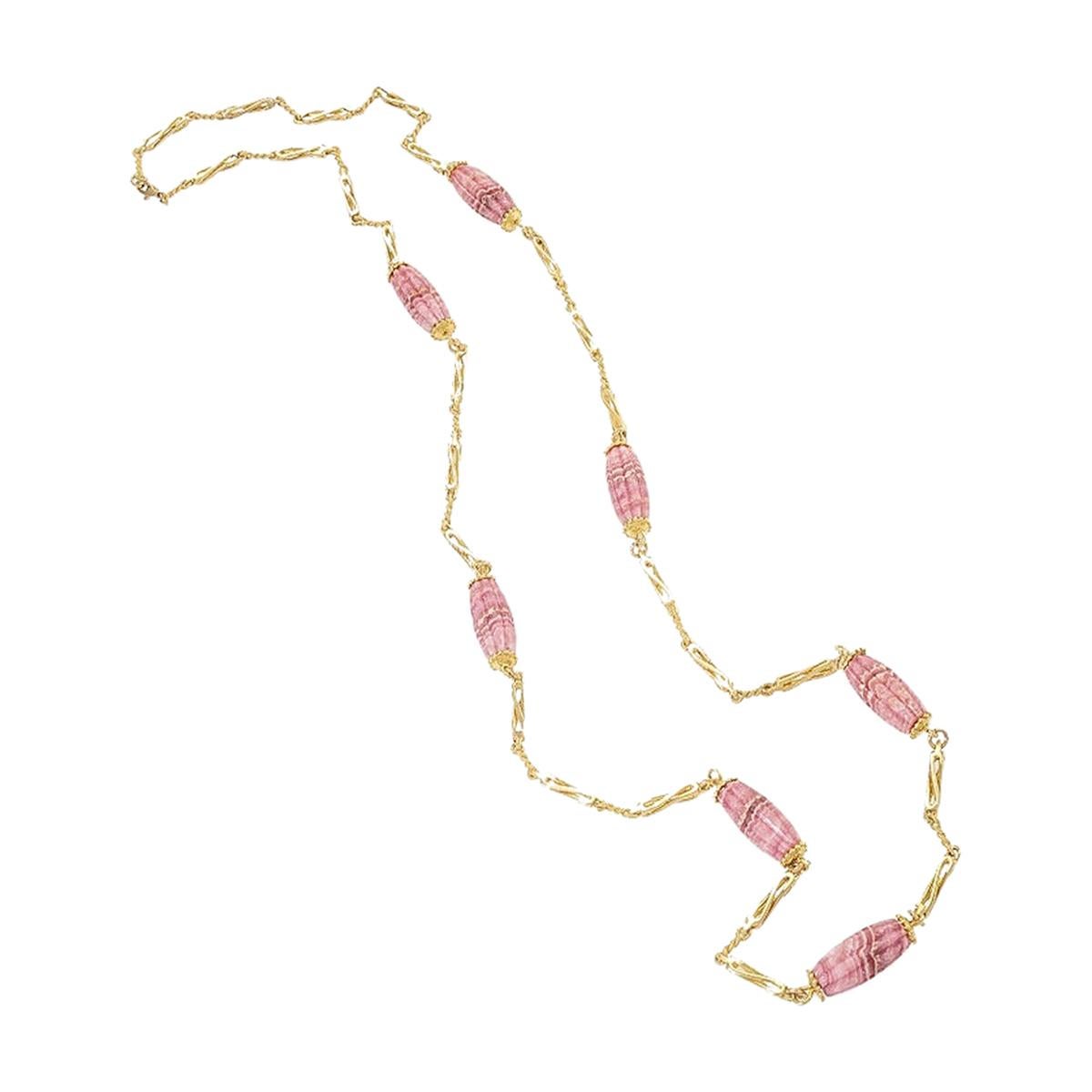 Gold Chain with Rhodochrosite Barrel Beads