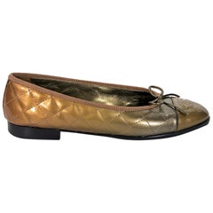 Gold Chanel Quilted Patent Leather Ballet Flats