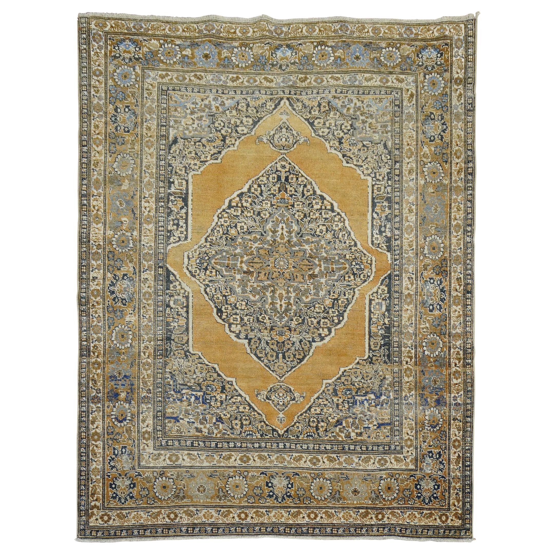 Gold Charcoal Antique Persian Tabriz Rug, Early 20th Century