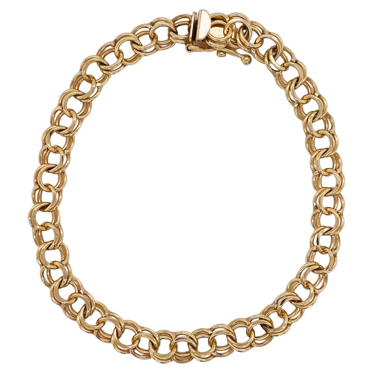 Gold Charm Bracelet Double Link Chain Bracelet in 14k Yellow Gold For