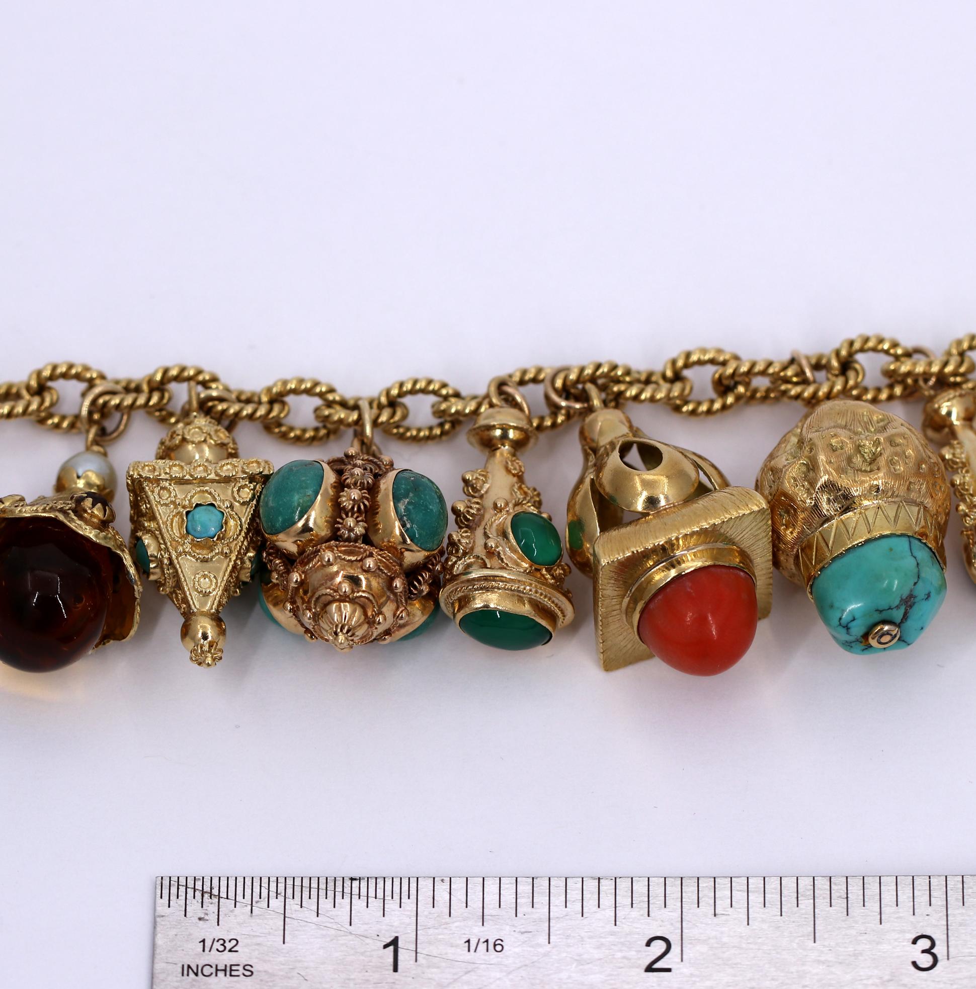 Women's Gold Charm Bracelet with Eleven Charms with Assorted Stones