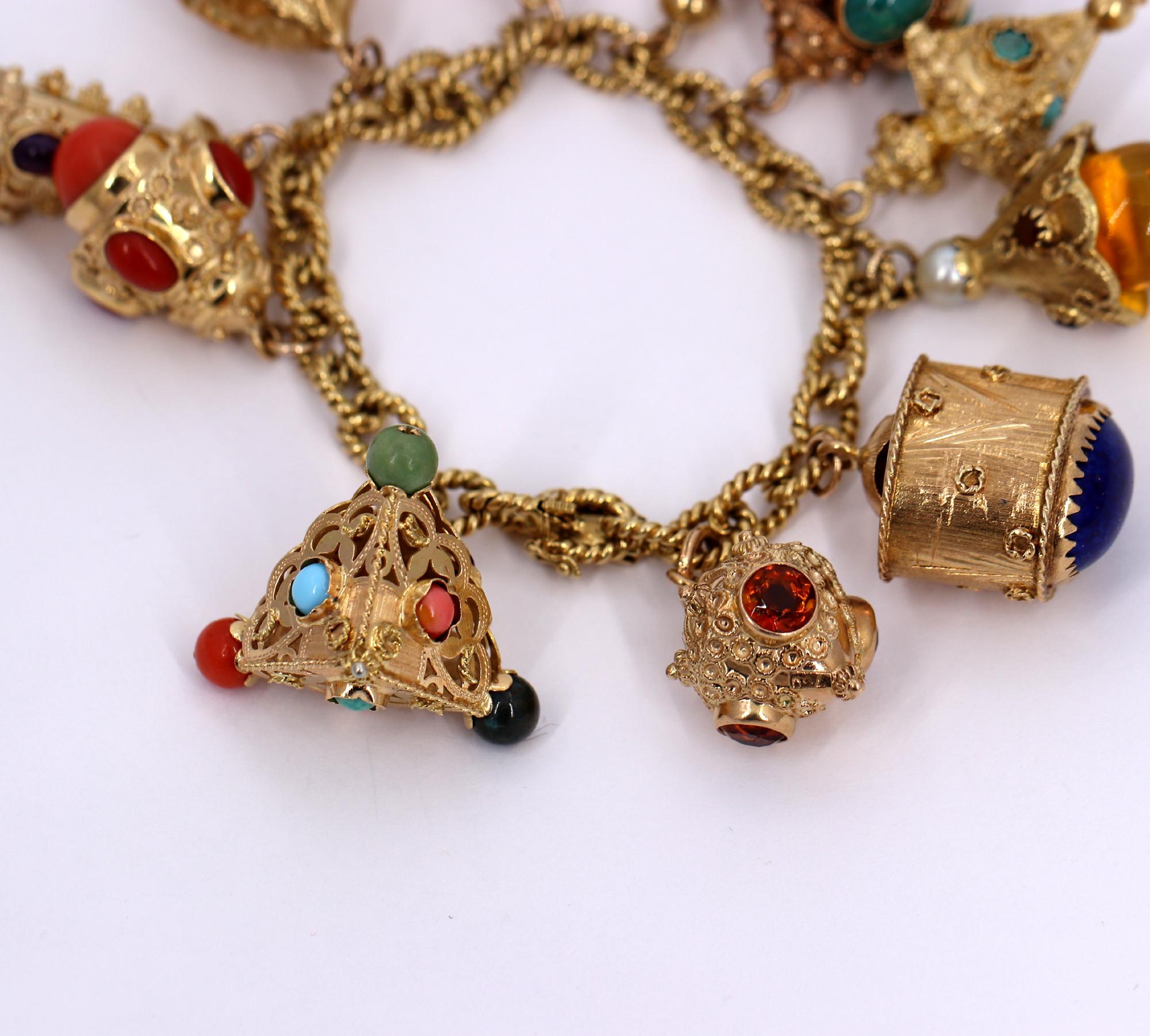 Gold Charm Bracelet with Eleven Charms with Assorted Stones 2