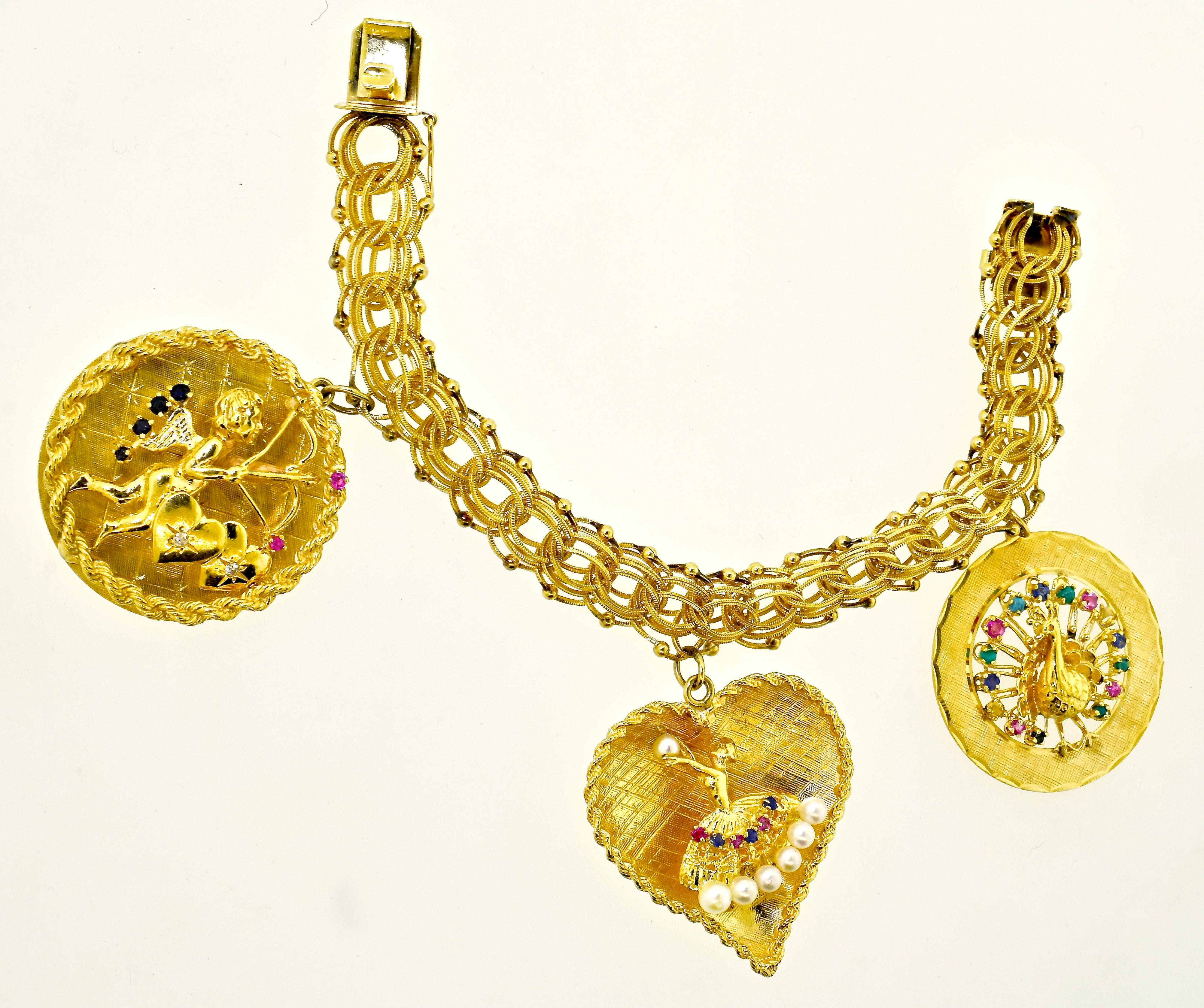 Brilliant Cut Gold Charm Bracelet with Precious Stones, circa 1960