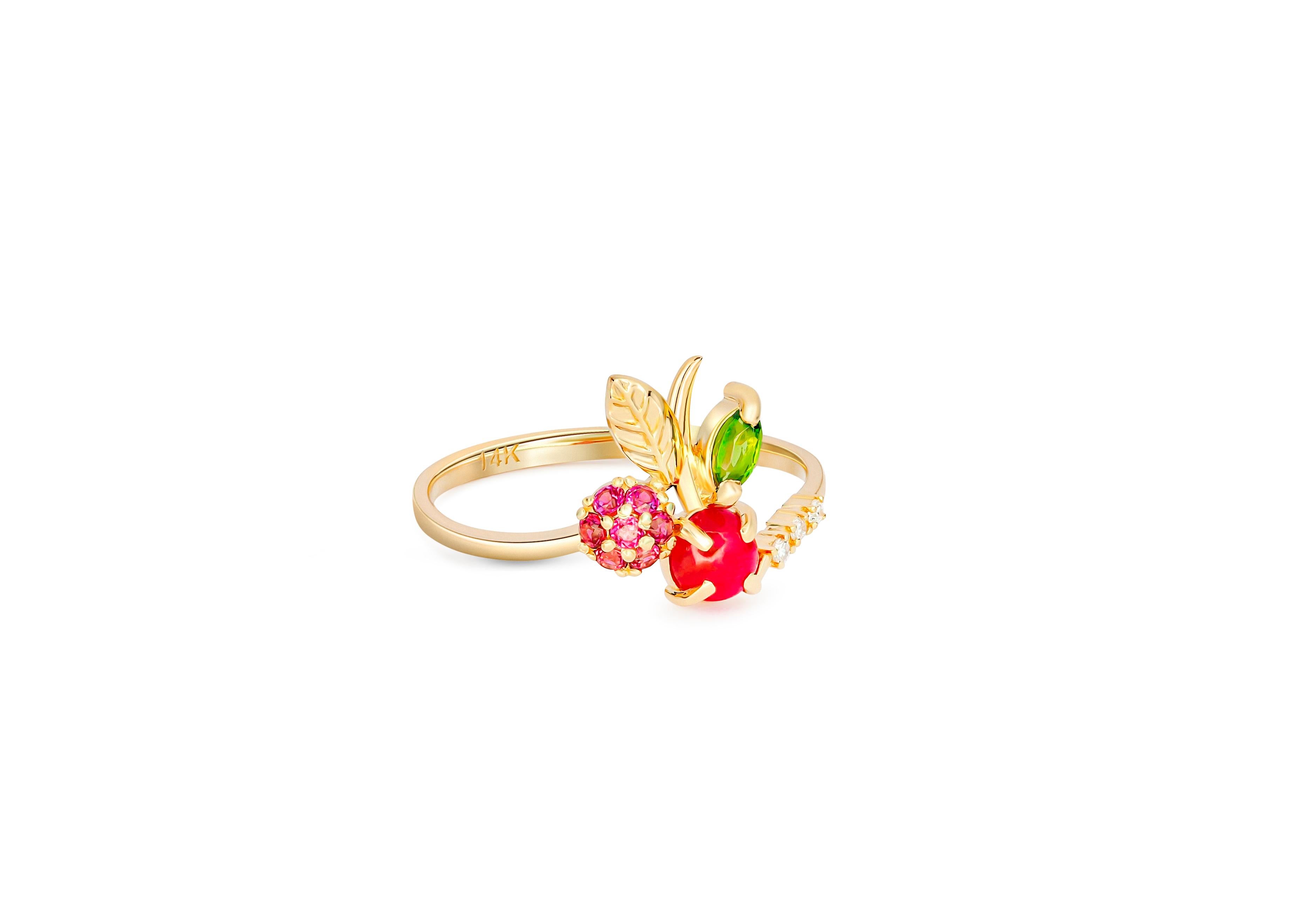 Gold Cherry ruby ring. 
Cabochon Ruby 14k gold ring. Berry gold ring. Gold Leaves ring. July birthstone ring. Summer ring. Gift for Daughter.

Metal: 14k gold
Weight: 1.65 g. depends from size.

Ruby: color - red
Round cabochon cut, 0.55 ct.