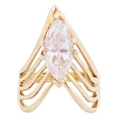 Gold Chevron Statement Ring With Marquise Crystal (Size 7), 1980s