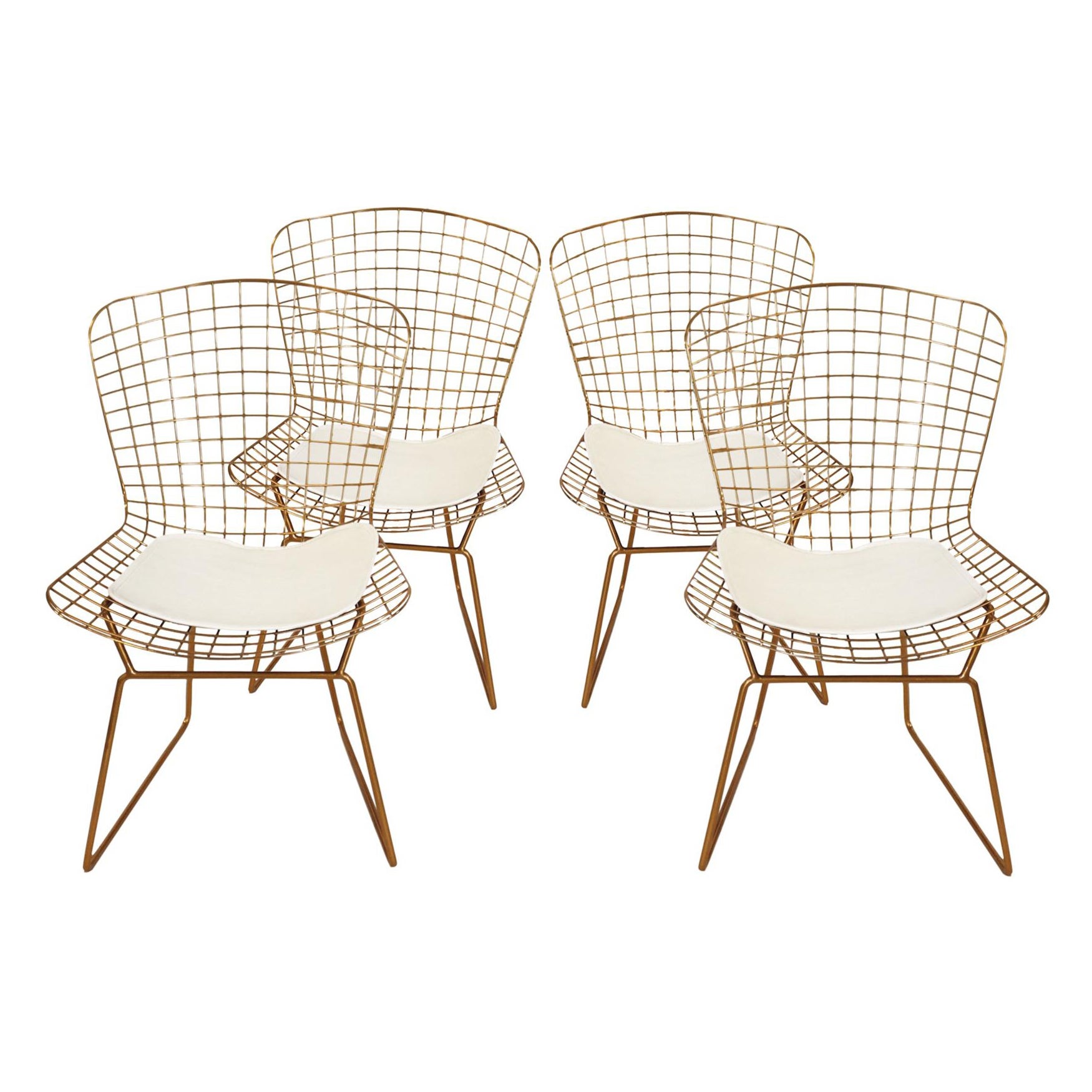 Juego de 4 sillas de acero cromado dorado al estilo de Harry Bertoia en venta