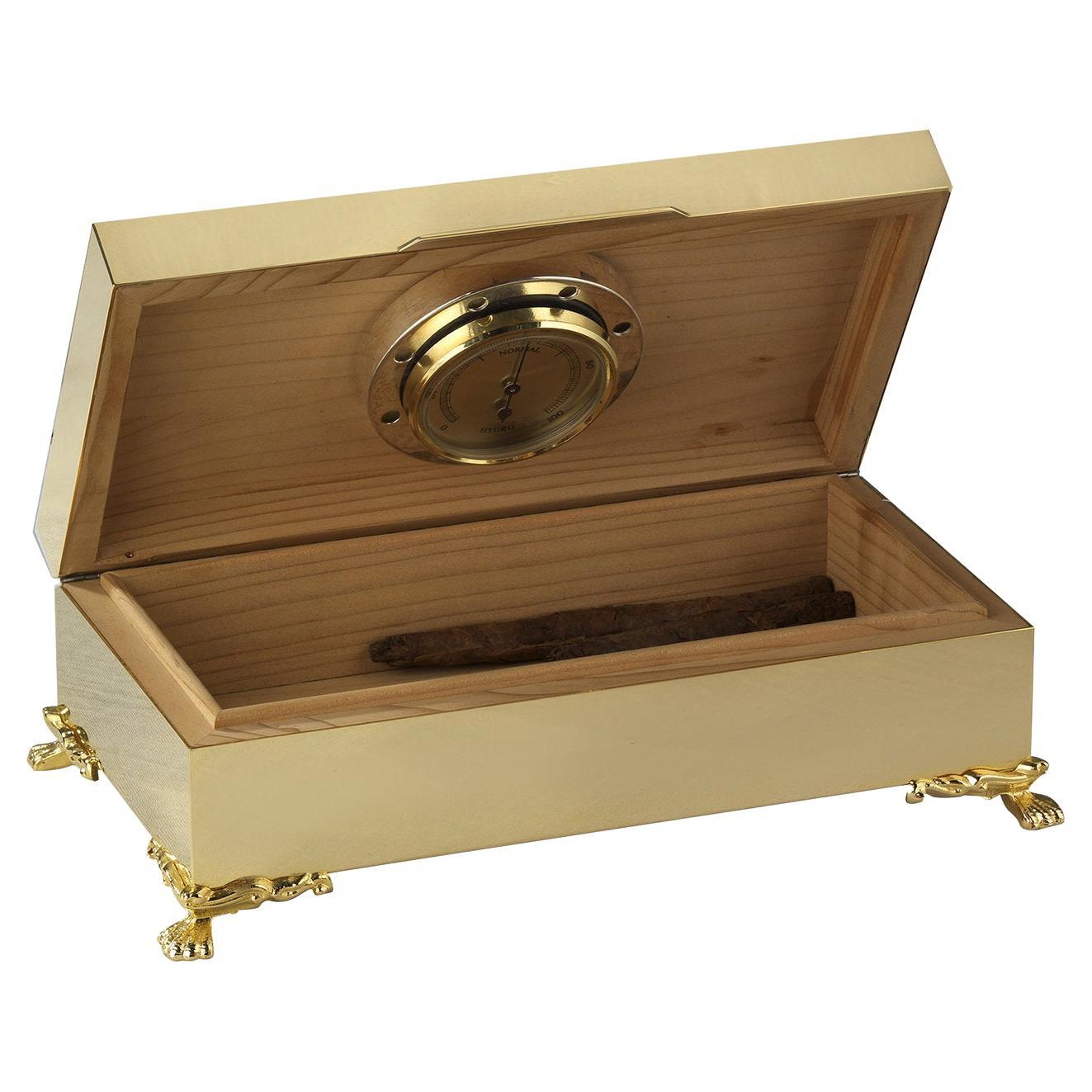 Gold Cigar Box with Humidifier and Hygrometer For Sale