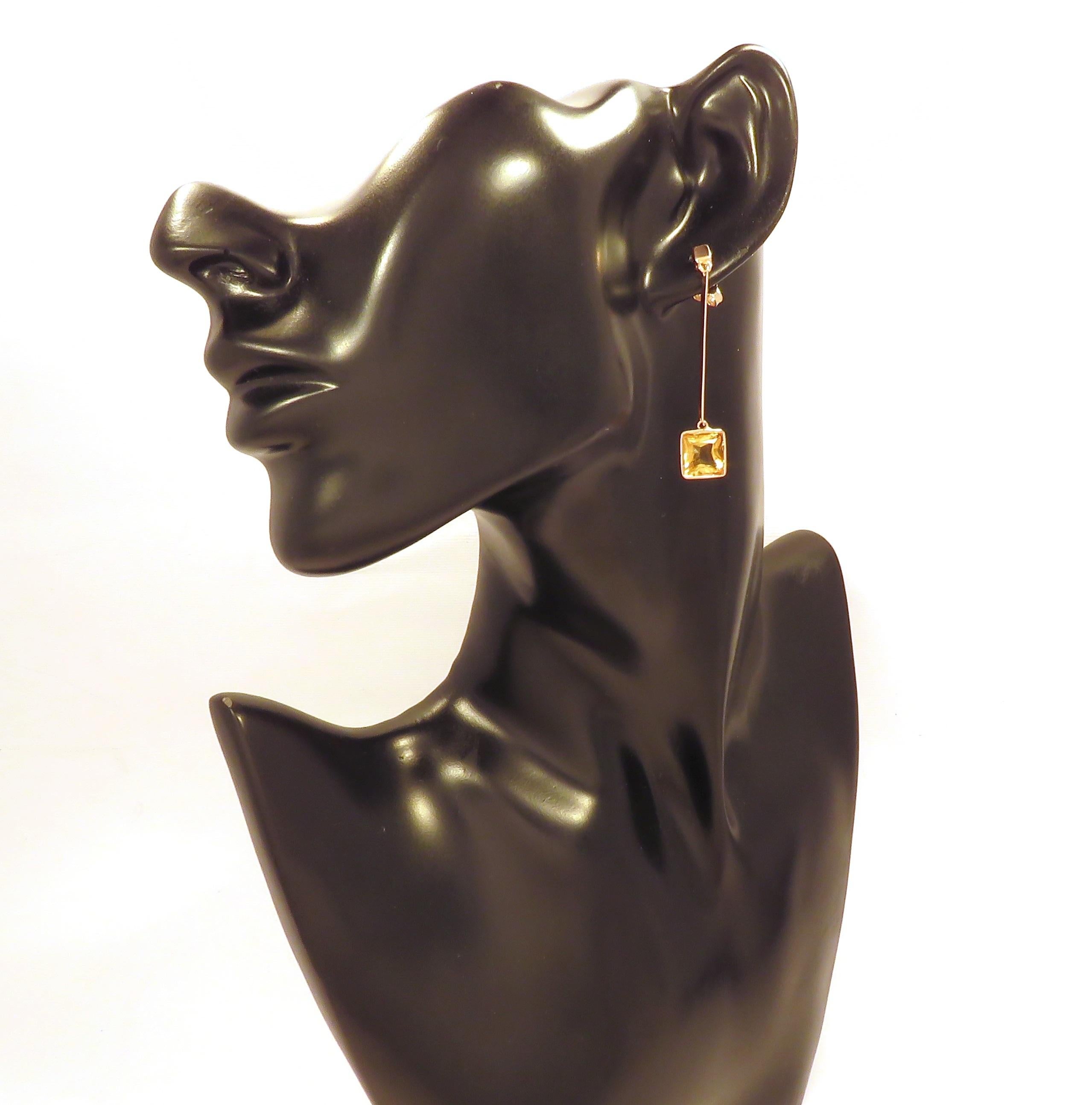 Contemporary Gold Citrine 9 Karat Rose Gold Dangle Earrings Handcrafted in Italy