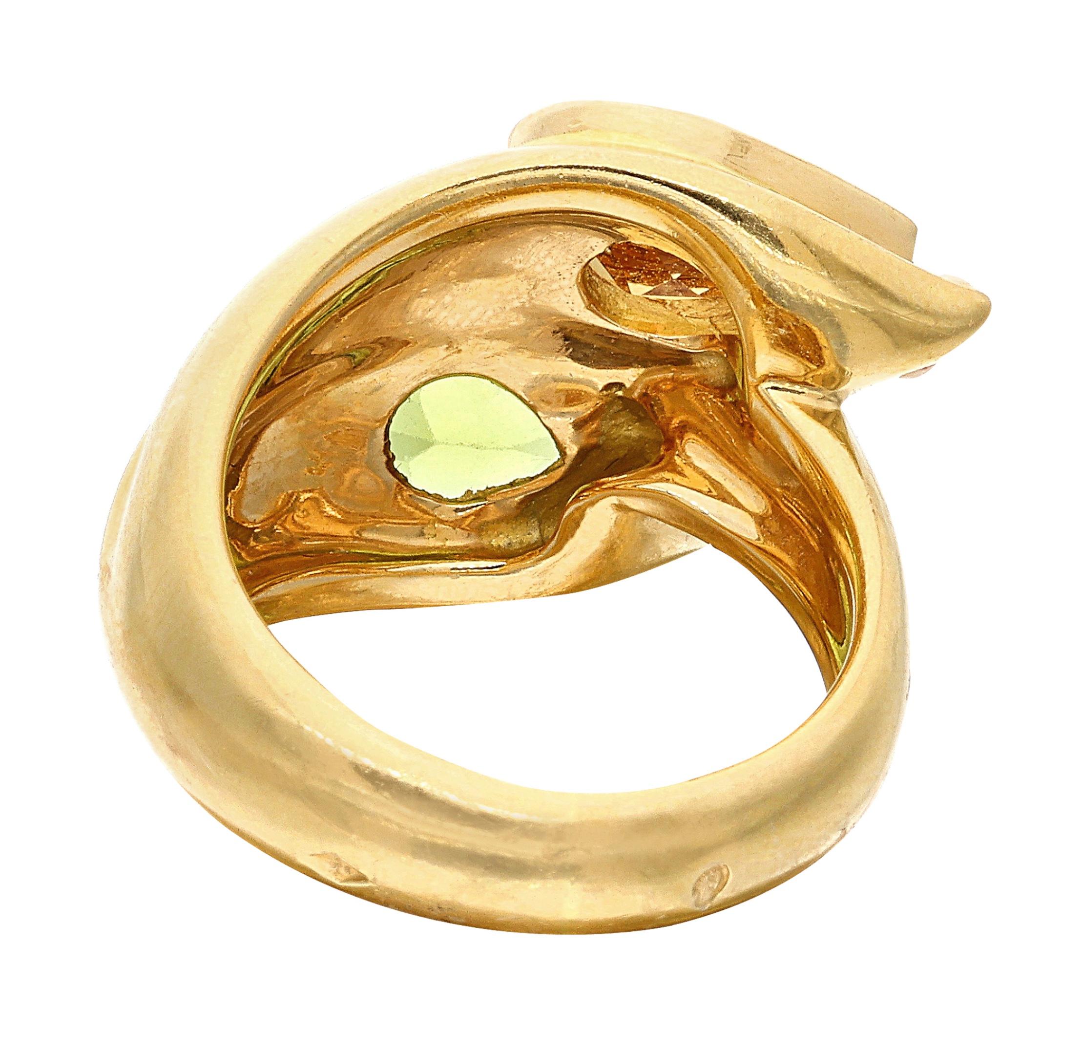 Pear Cut Gold, Citrine, and Peridot Bypass Ring For Sale