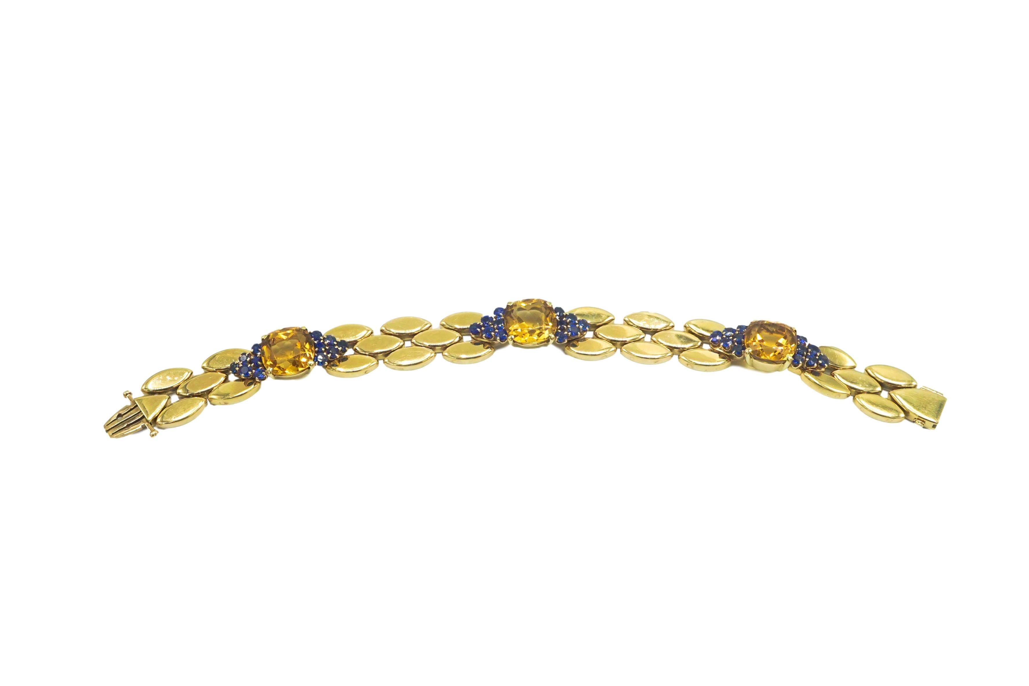 Taille coussin Bracelet rétro en or, citrine et saphir, années 1940 en vente