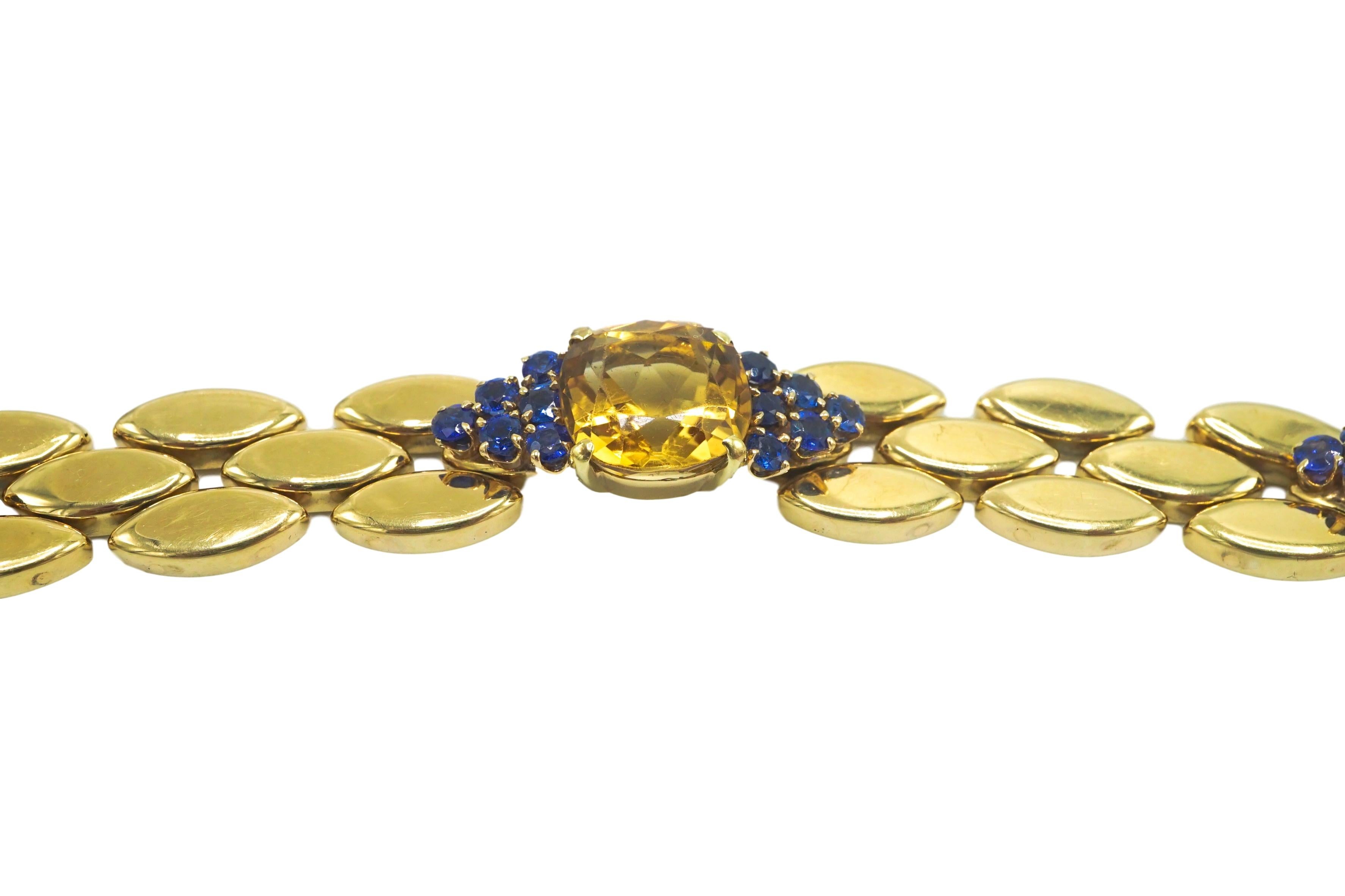 Women's or Men's 1940's Retro Gold, Citrine and Sapphire Bracelet For Sale