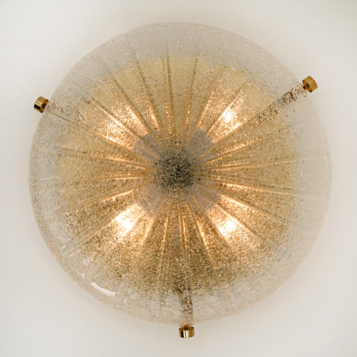 Gold Clear Brass and Textured Glass Flush Mount by Hillebrand - 1960s For Sale 3