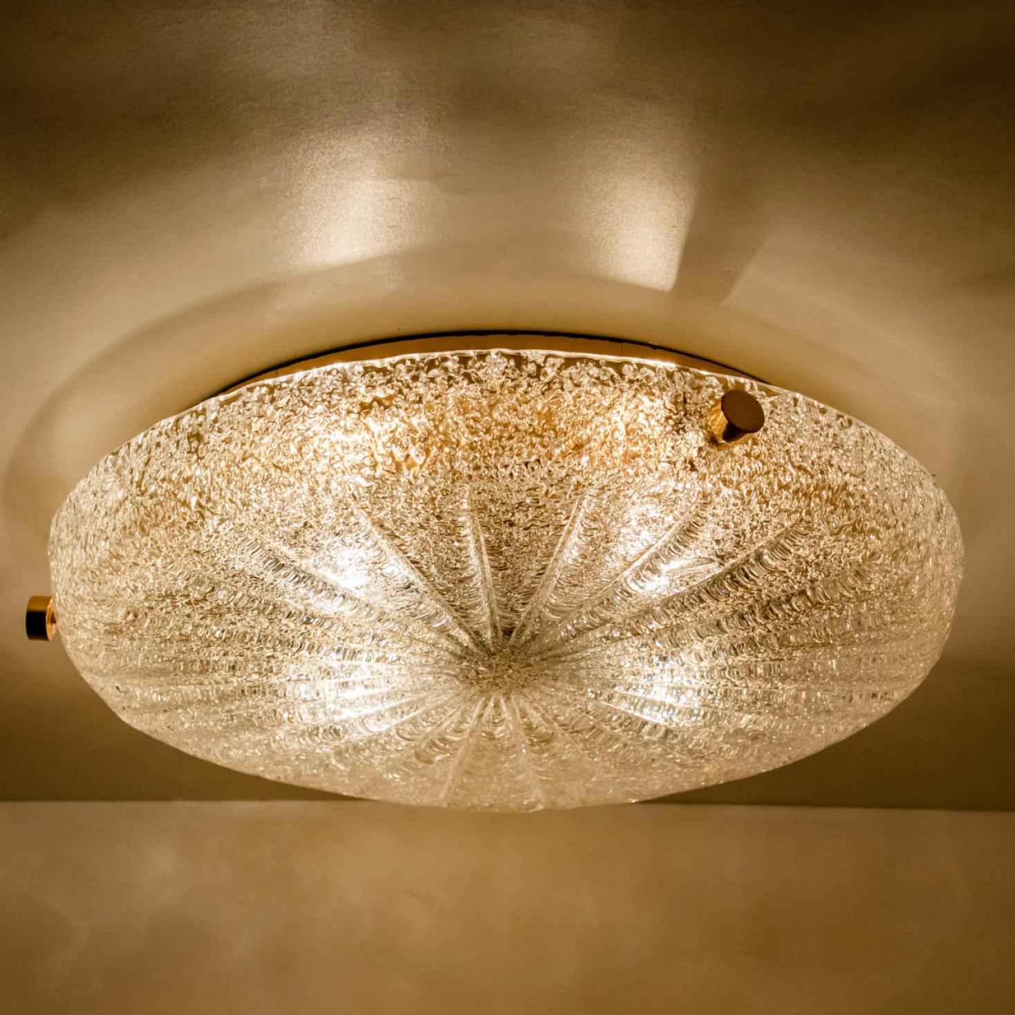 Gold Clear Brass and Textured Glass Flush Mount by Hillebrand - 1960s In Good Condition For Sale In Rijssen, NL