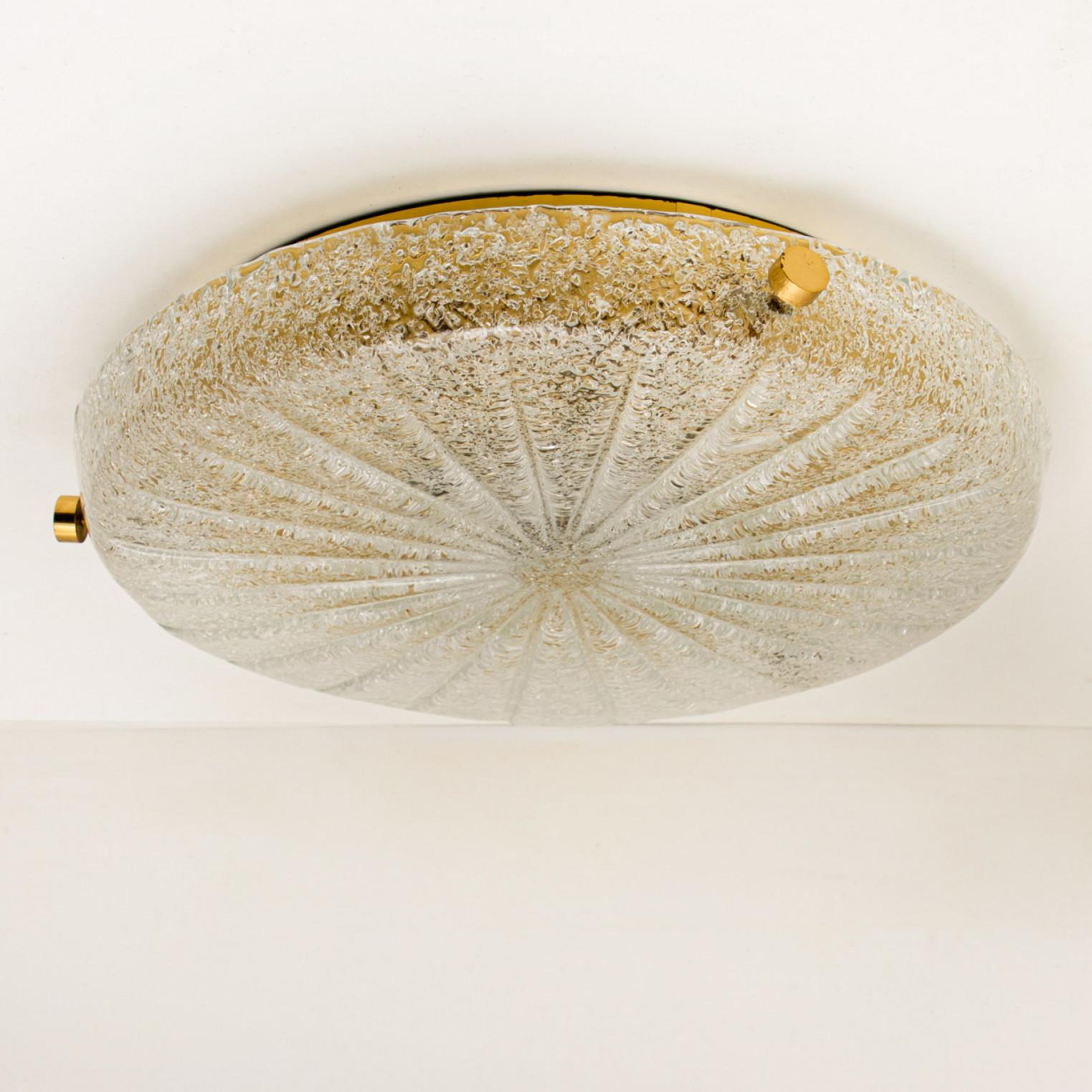 Mid-20th Century Gold Clear Brass and Textured Glass Flush Mount by Hillebrand - 1960s For Sale