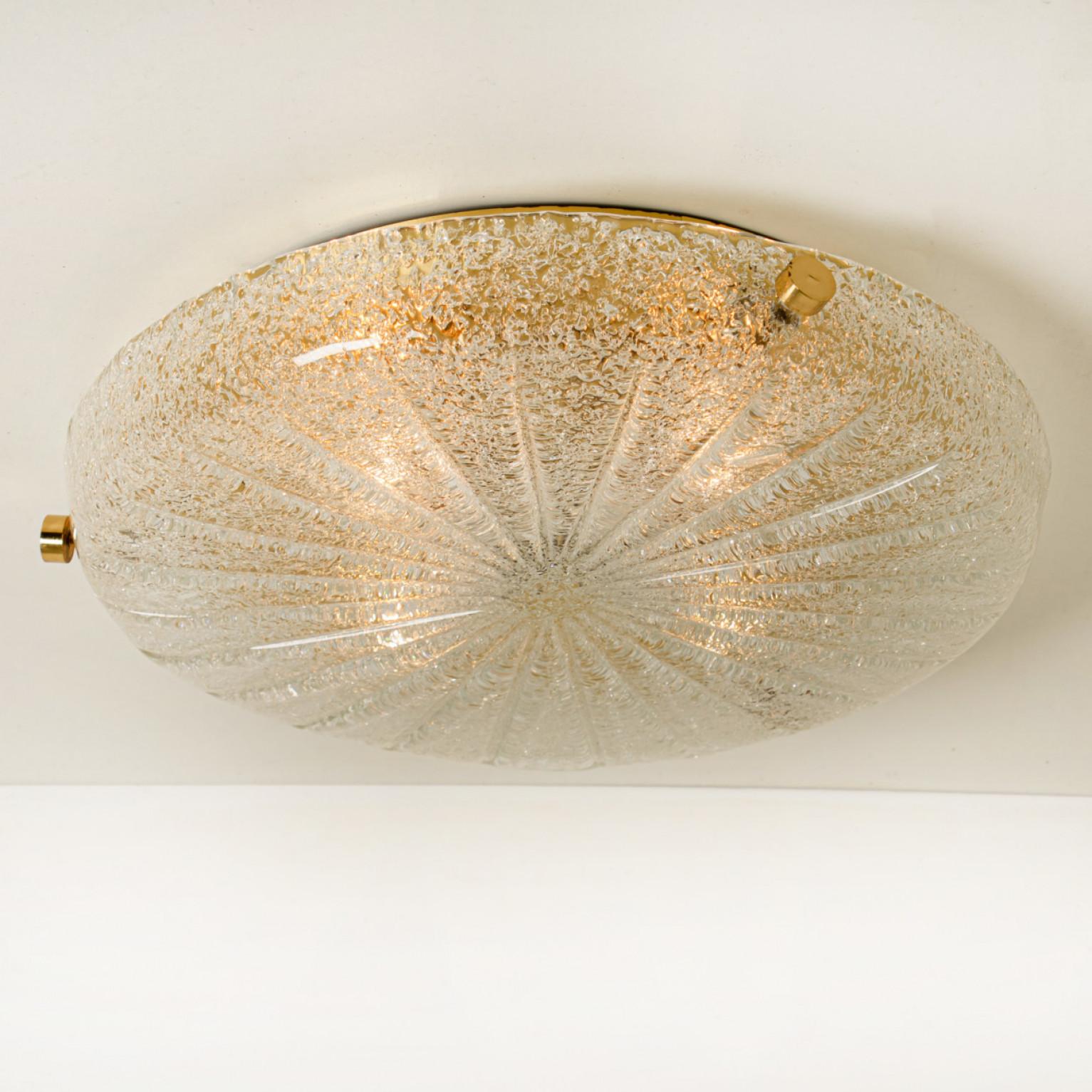 Gold Clear Brass and Textured Glass Flush Mount by Hillebrand - 1960s For Sale 2
