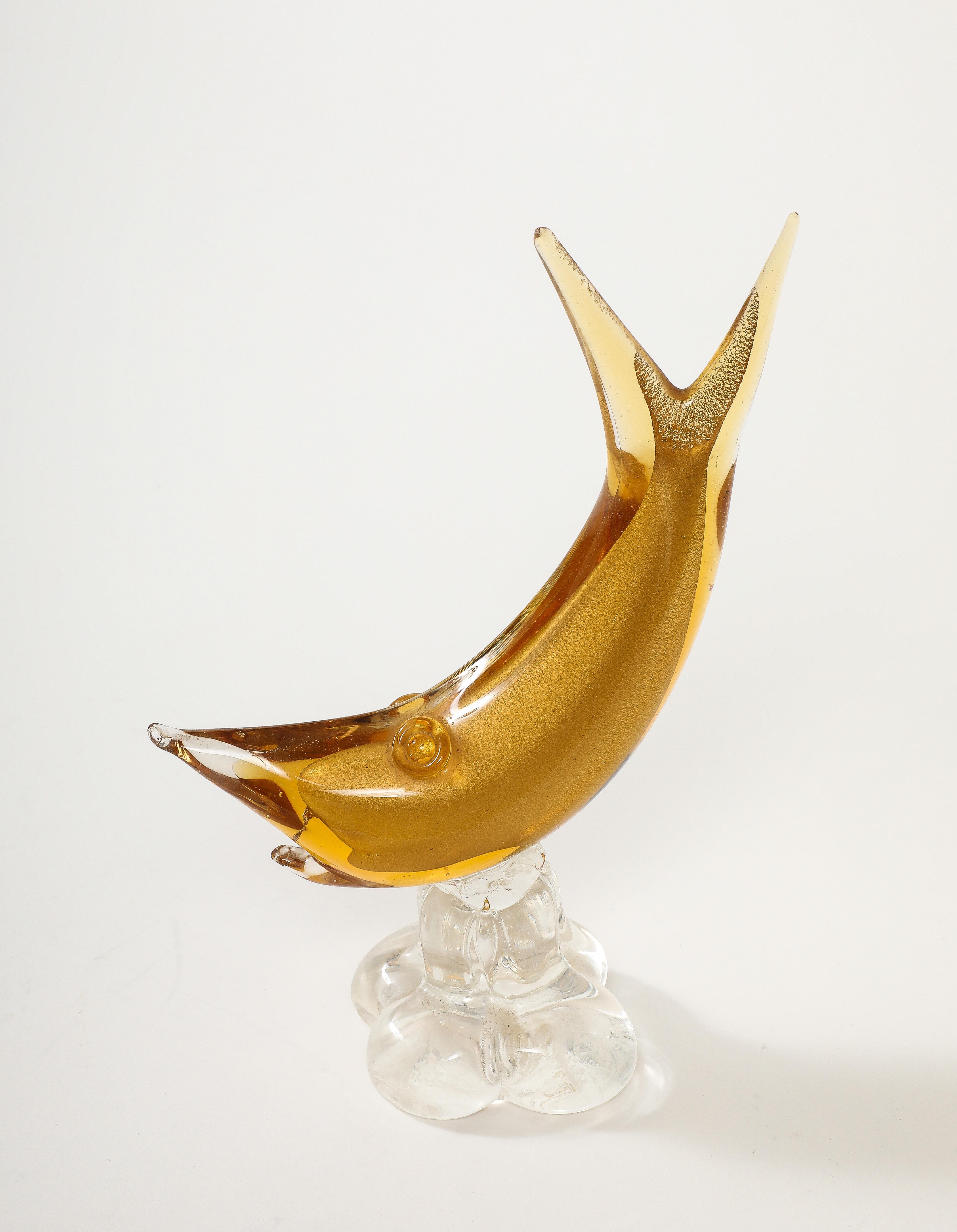 Mid-Century Modern Gold, Clear Murano Glass Shark by Barovier For Sale