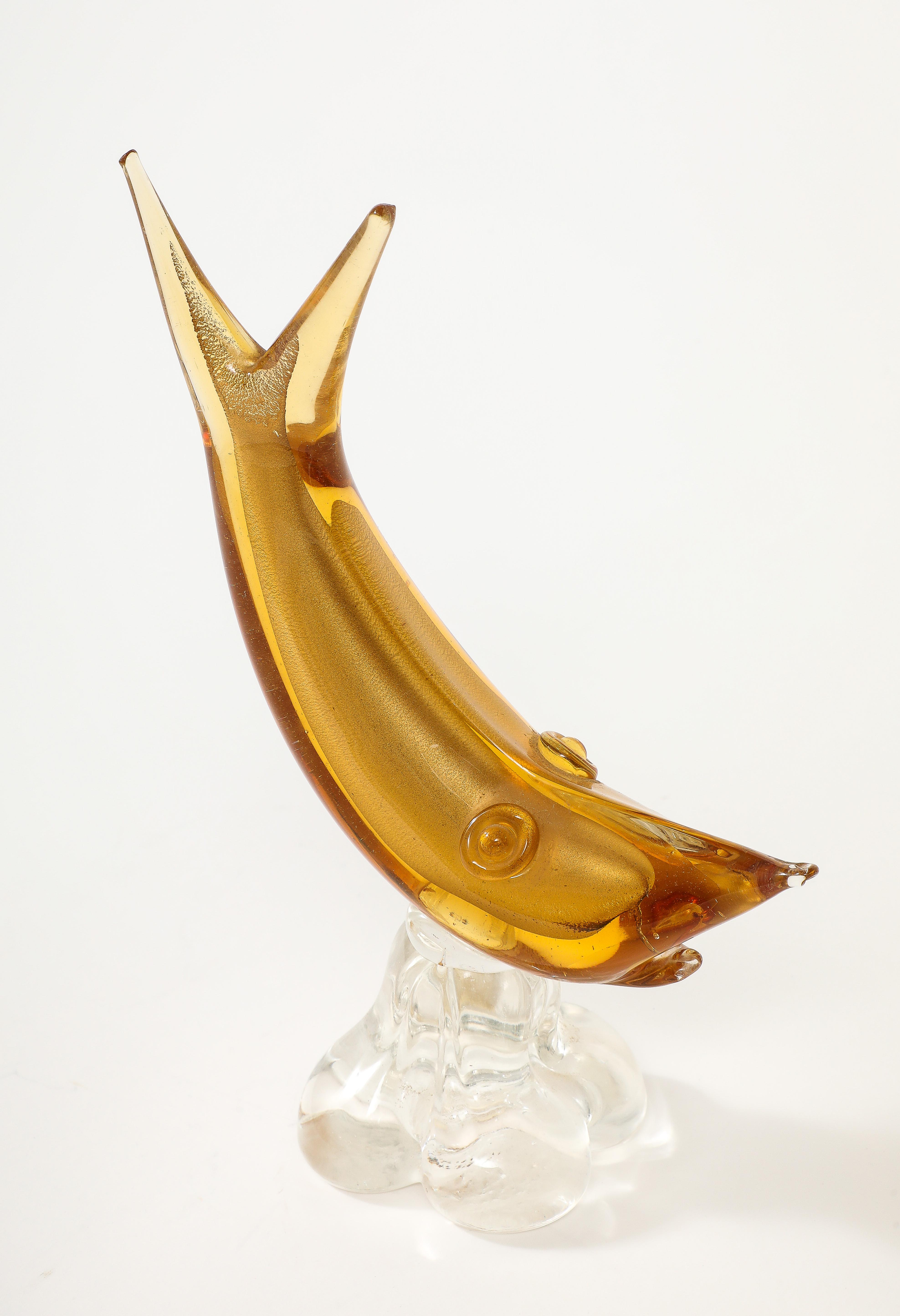 Hand-Crafted Gold, Clear Murano Glass Shark by Barovier For Sale